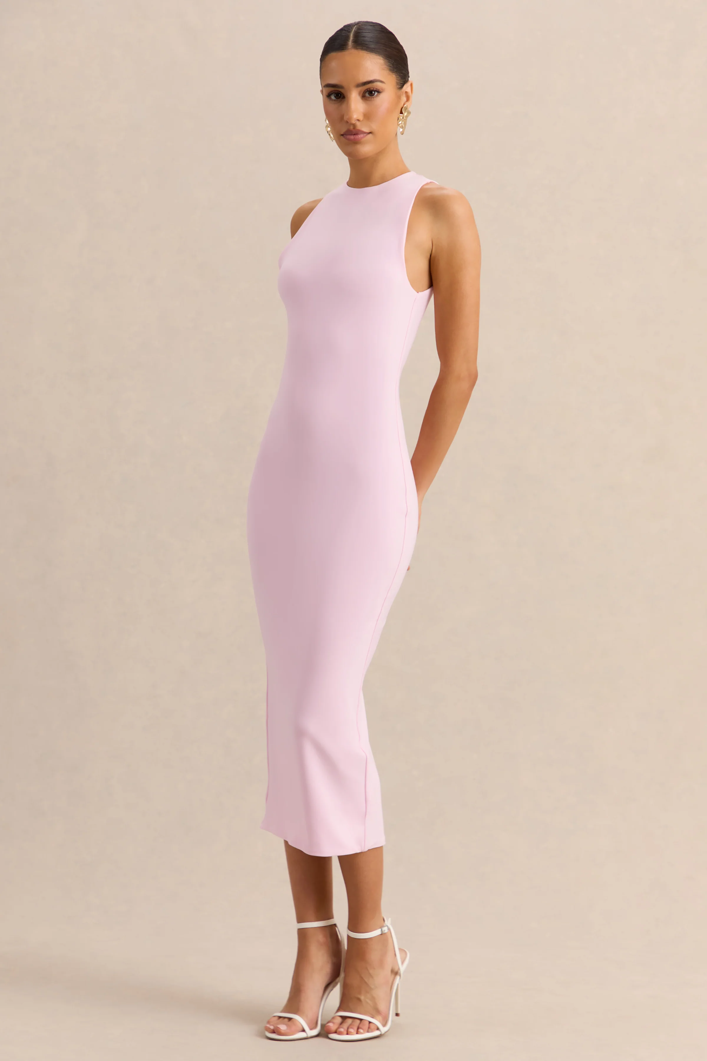 Mirana | Robe mi-longue rose clair à encolure haute - Image 5