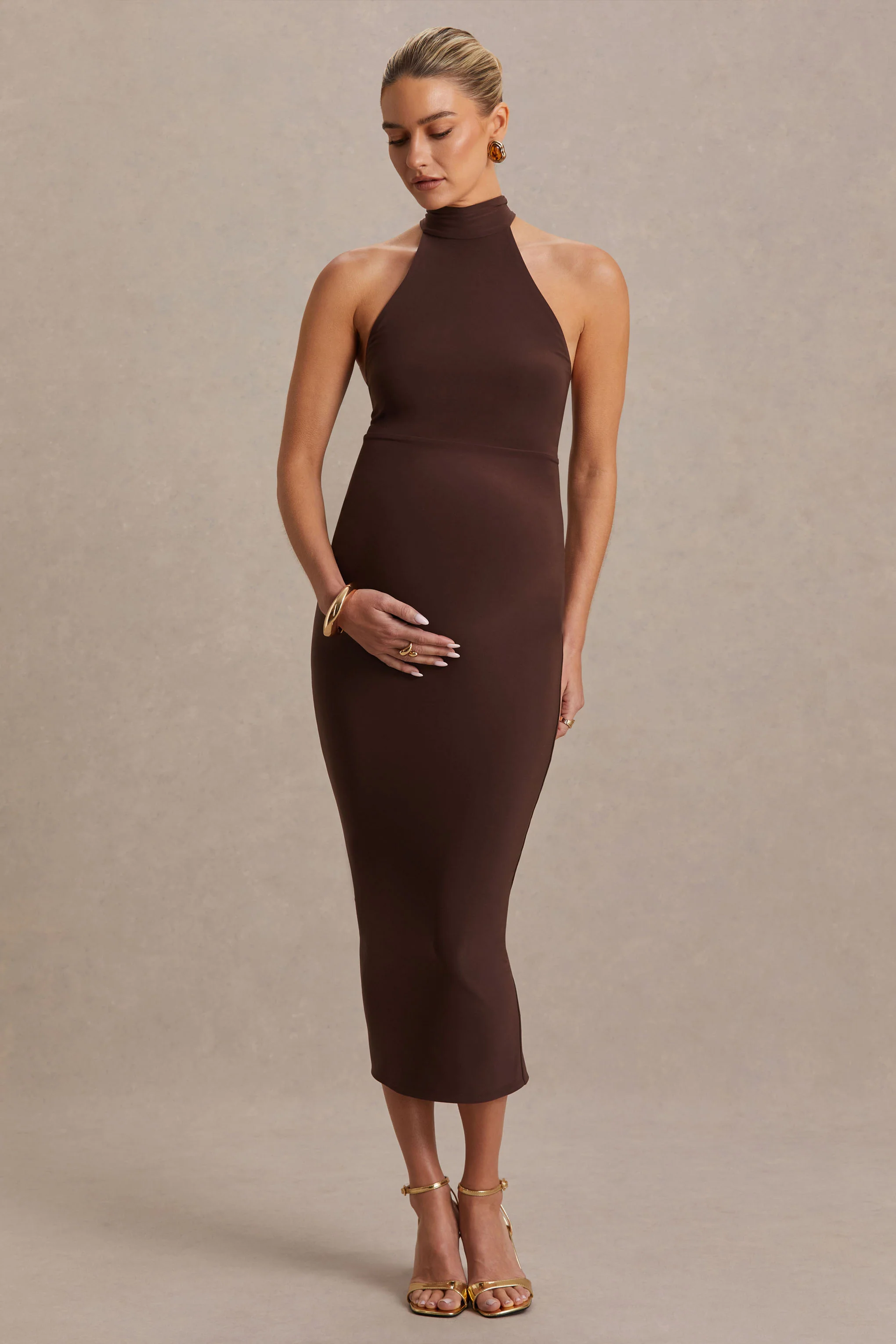 Mireille | Robe mi-longue de maternité marron à encolure américaine - Image 5
