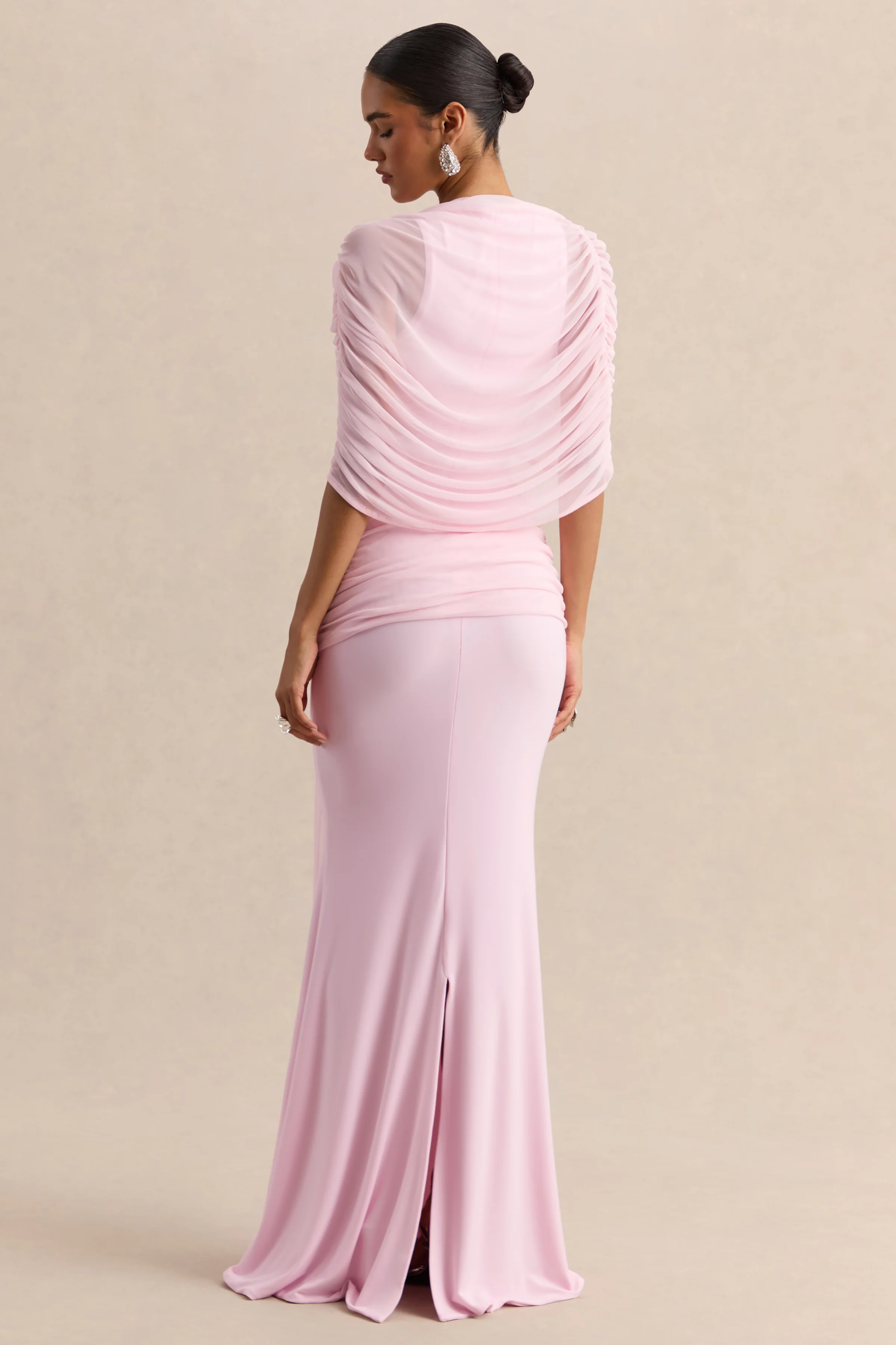 Mirene | Robe longue rose clair à encolure ronde avec détails froncés et ceinture fluide - Image 4