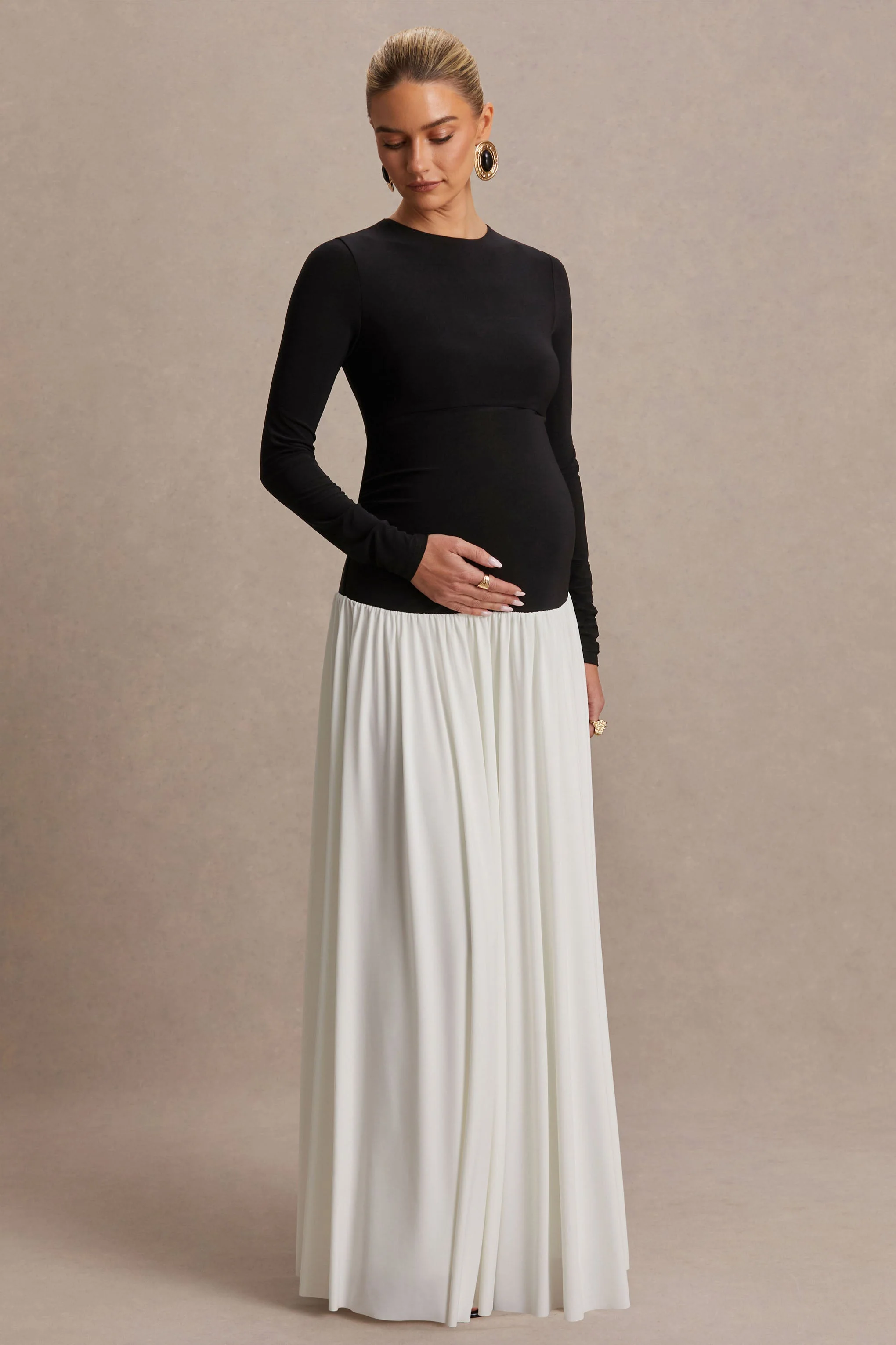 Monroe | Robe longue noir et blanc à encolure ronde avec taille basse