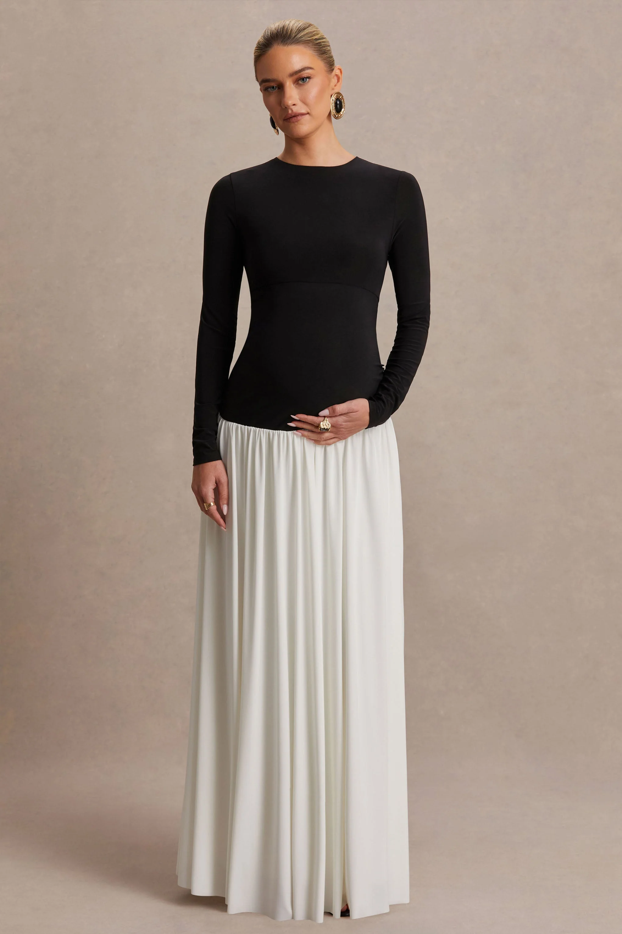 Monroe | Robe longue noir et blanc à encolure ronde avec taille basse - Image 4