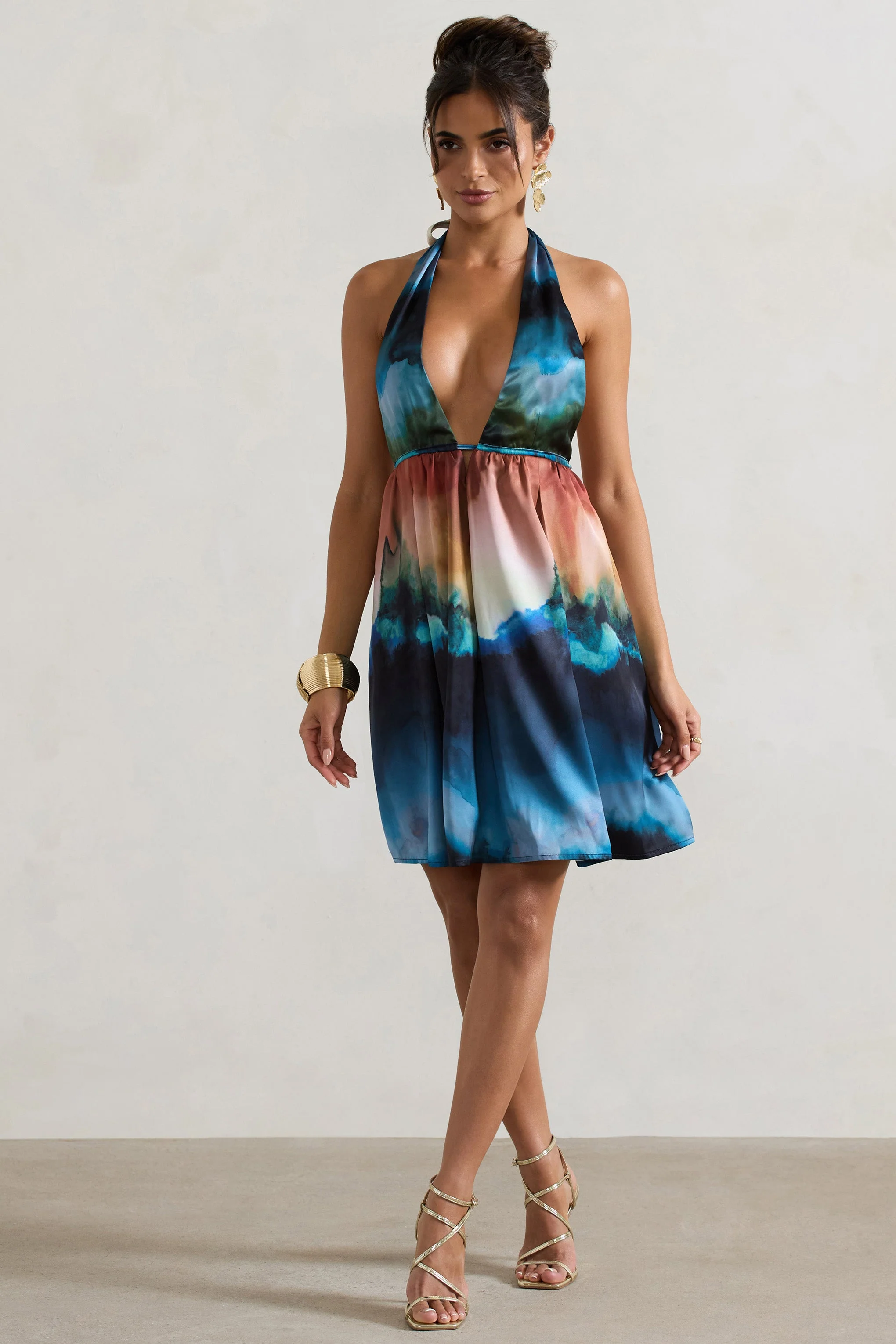 Naxos | Mini-robe babydoll à imprimé flou multicolore avec décolleté plongeant - Image 3