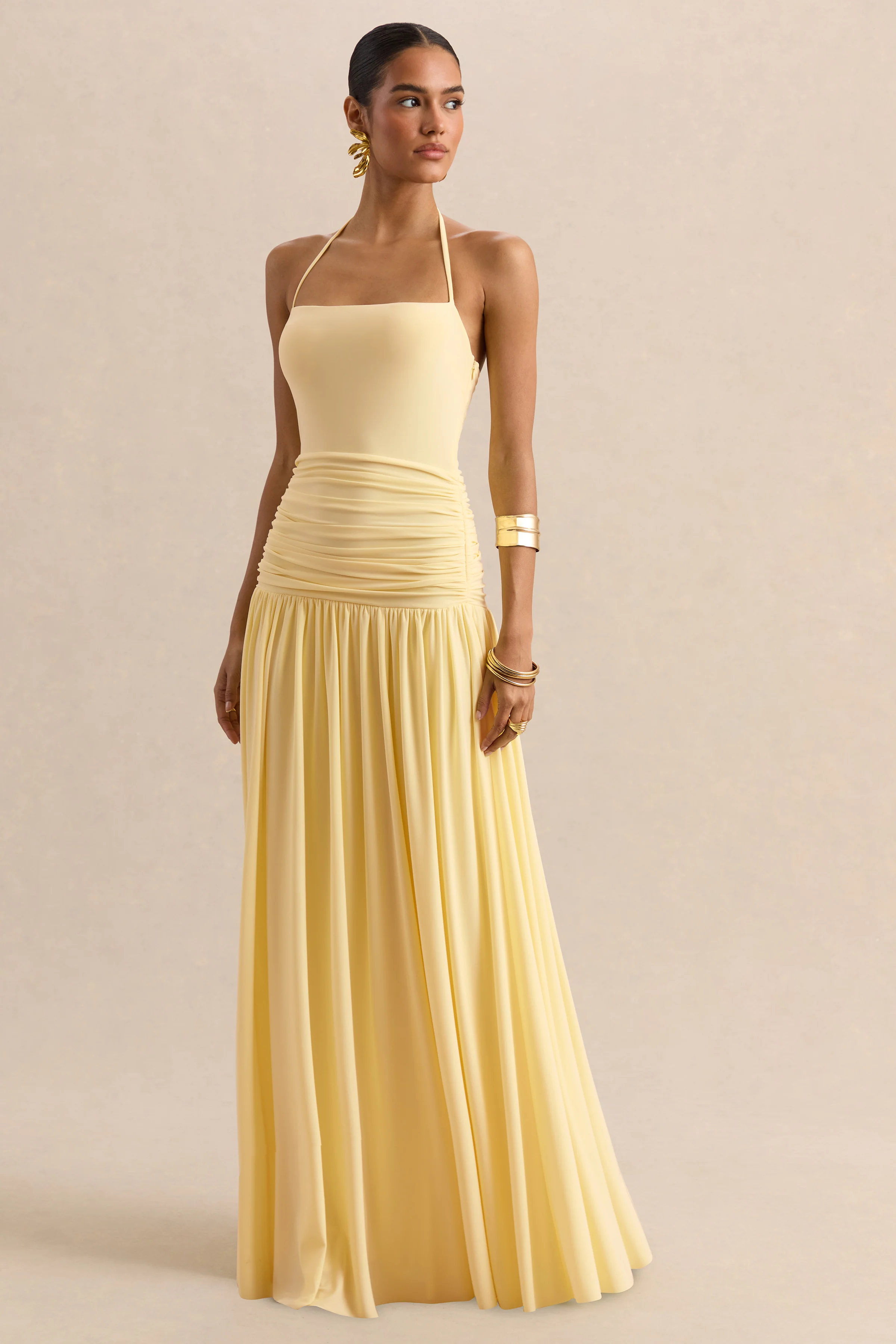 Nicolette | Robe longue citron à encolure carrée avec détails froncés