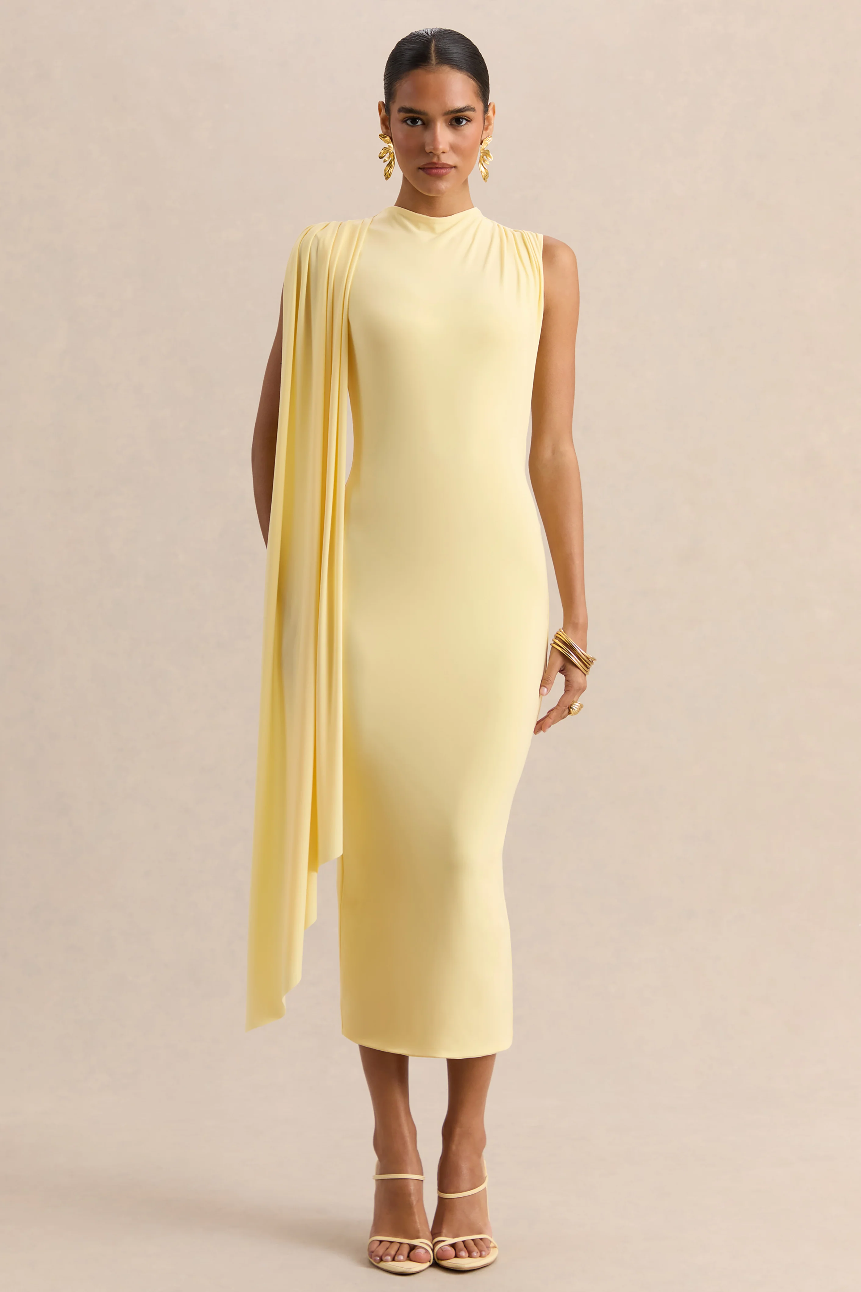 Oleandra | Robe mi-longue citron à encolure haute avec détail drapé