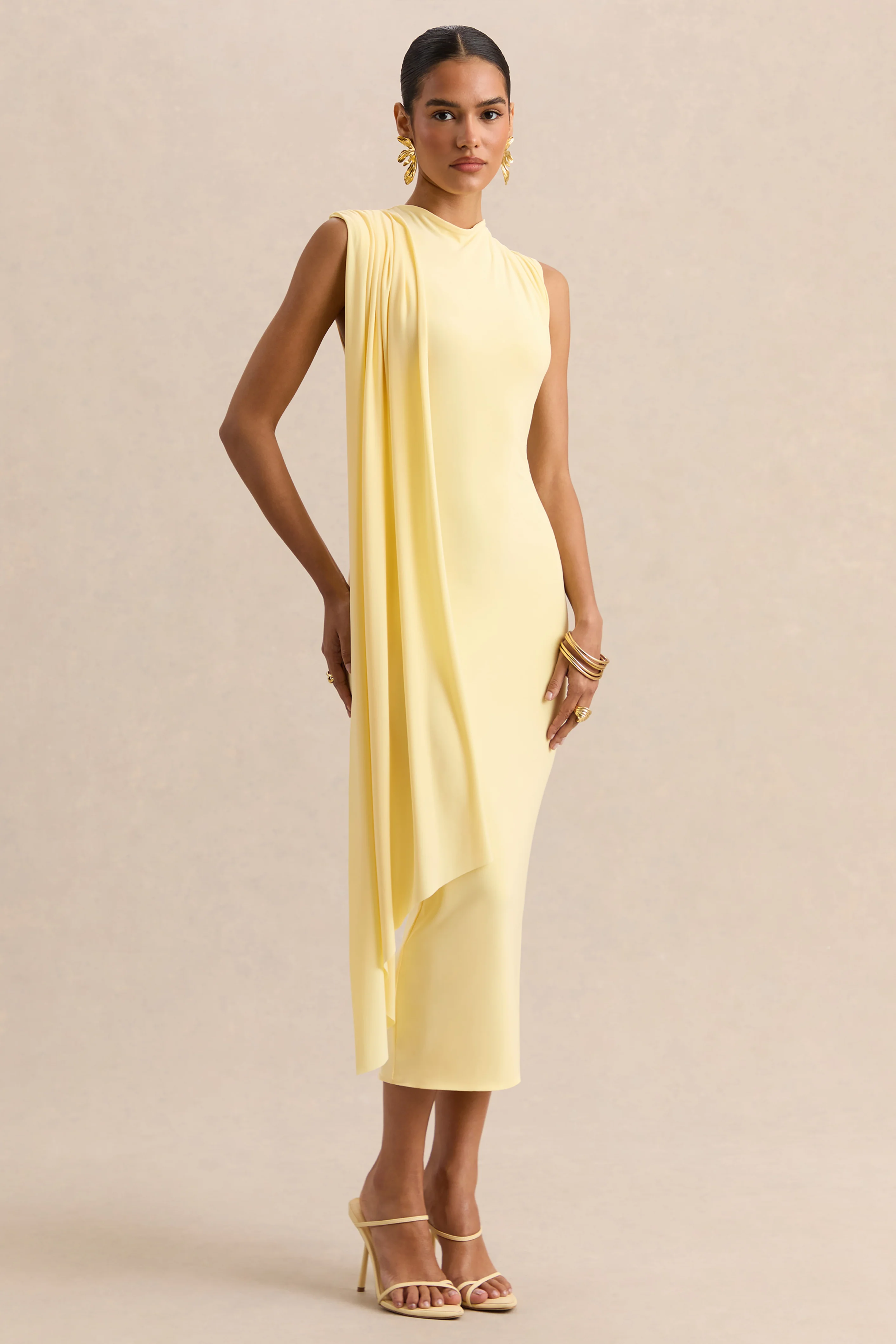 Oleandra | Robe mi-longue citron à encolure haute avec détail drapé - Image 4