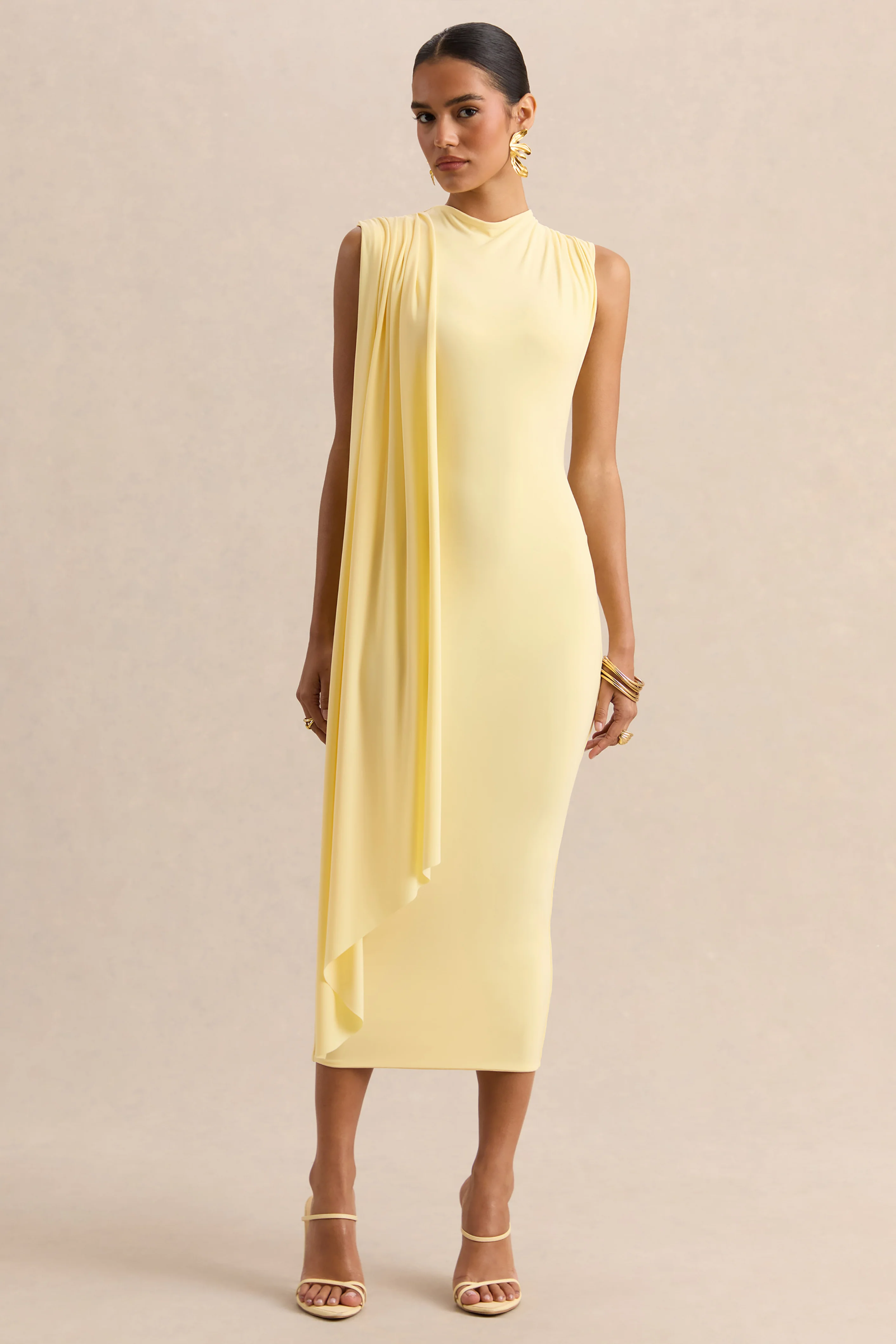 Oleandra | Robe mi-longue citron à encolure haute avec détail drapé - Image 6
