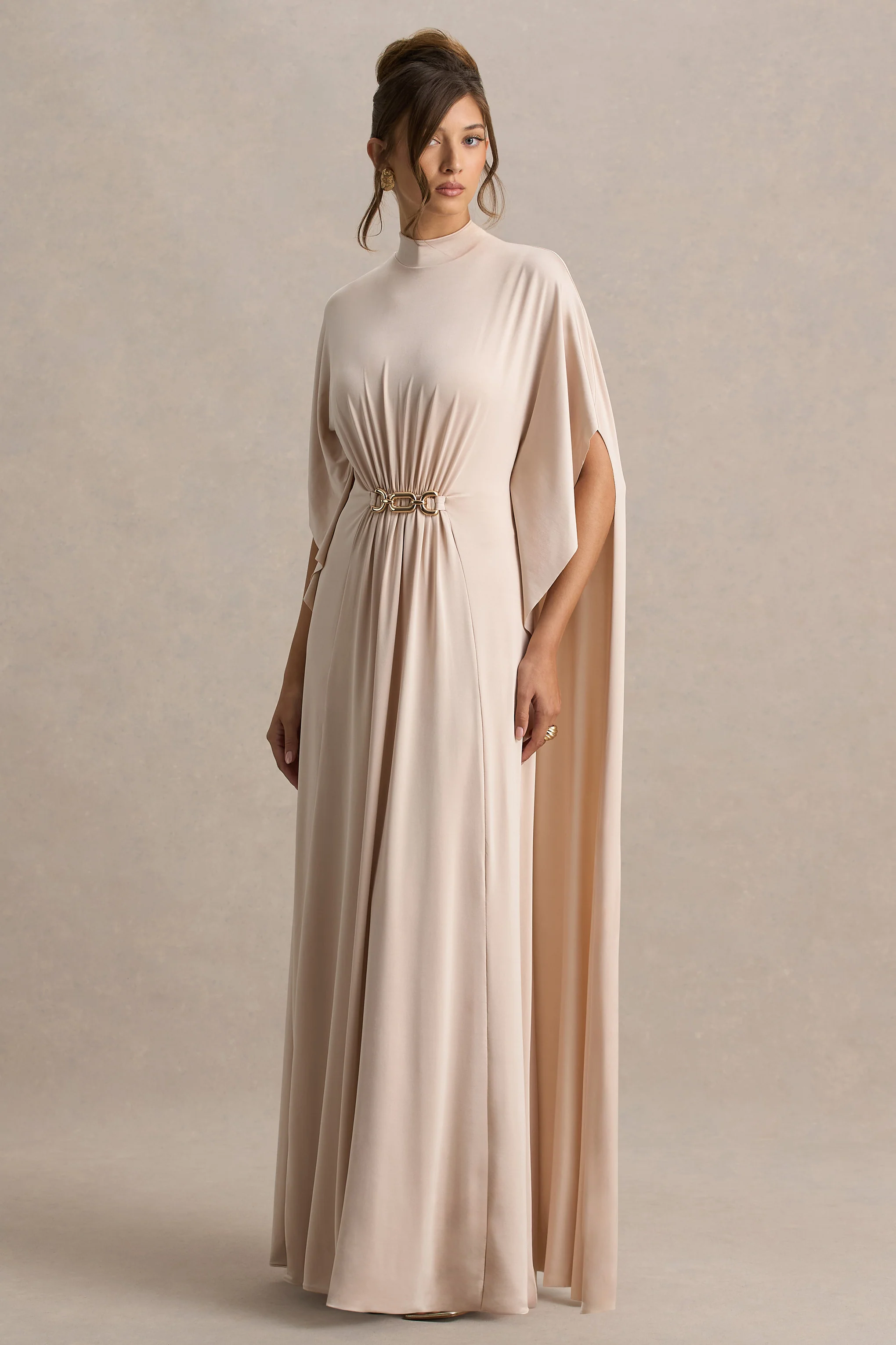 Olessia | Robe longue à Manches Cape Froncées avec Ceinture en Champagne - Image 5