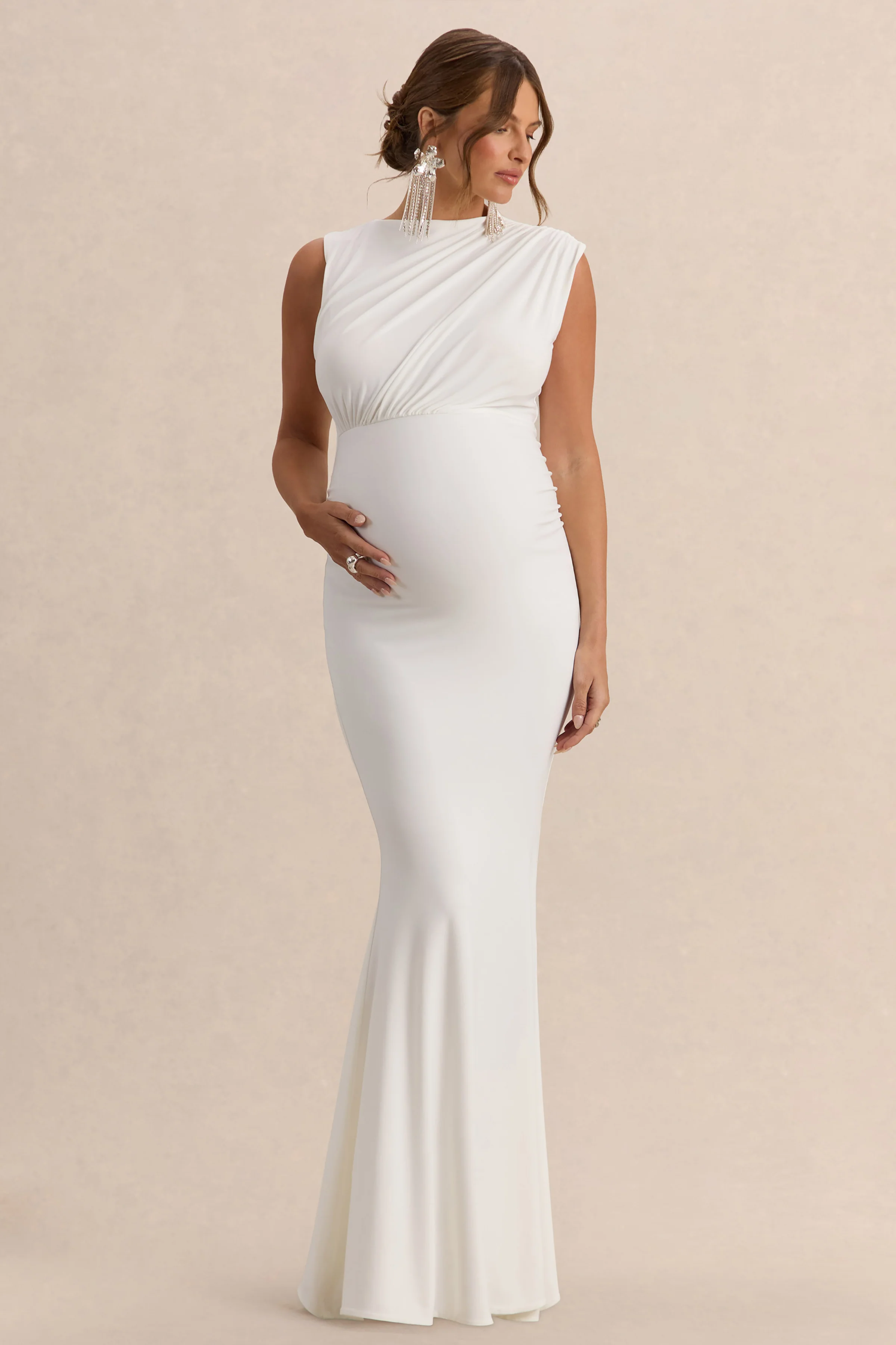 Osanna | Robe longue de maternité blanche à encolure large avec détails froncés