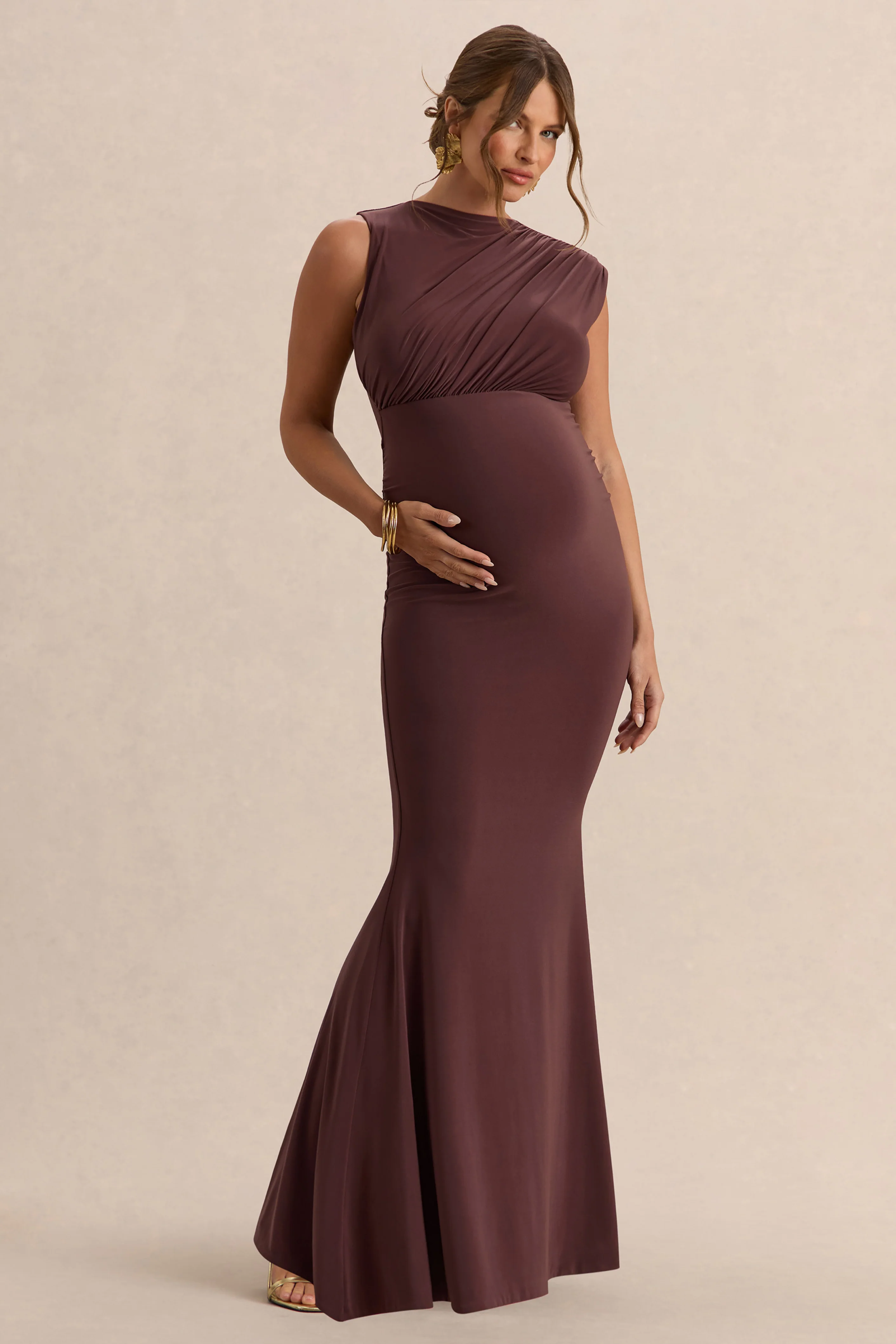 Osanna | Robe longue de maternité marron foncé à encolure large avec détails froncés - Image 4