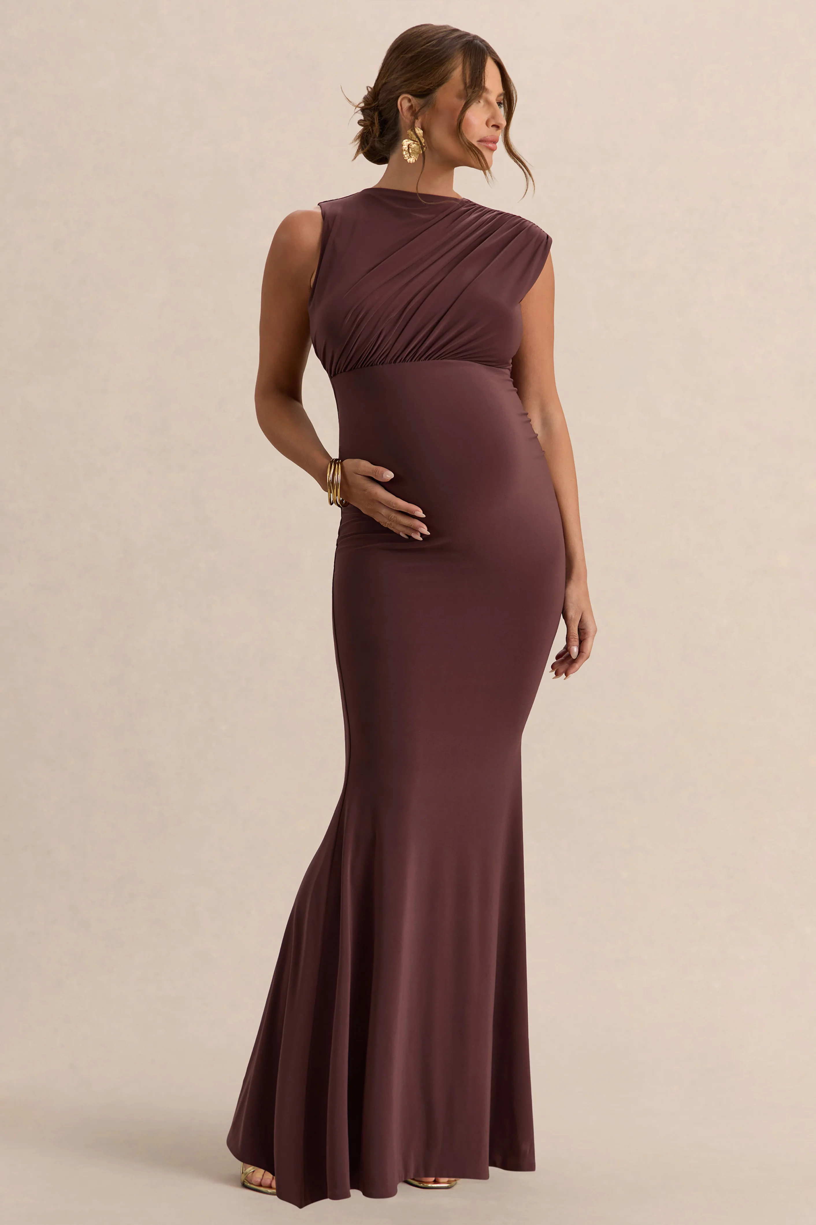 Osanna | Robe longue de maternité marron foncé à encolure large avec détails froncés - Image 7