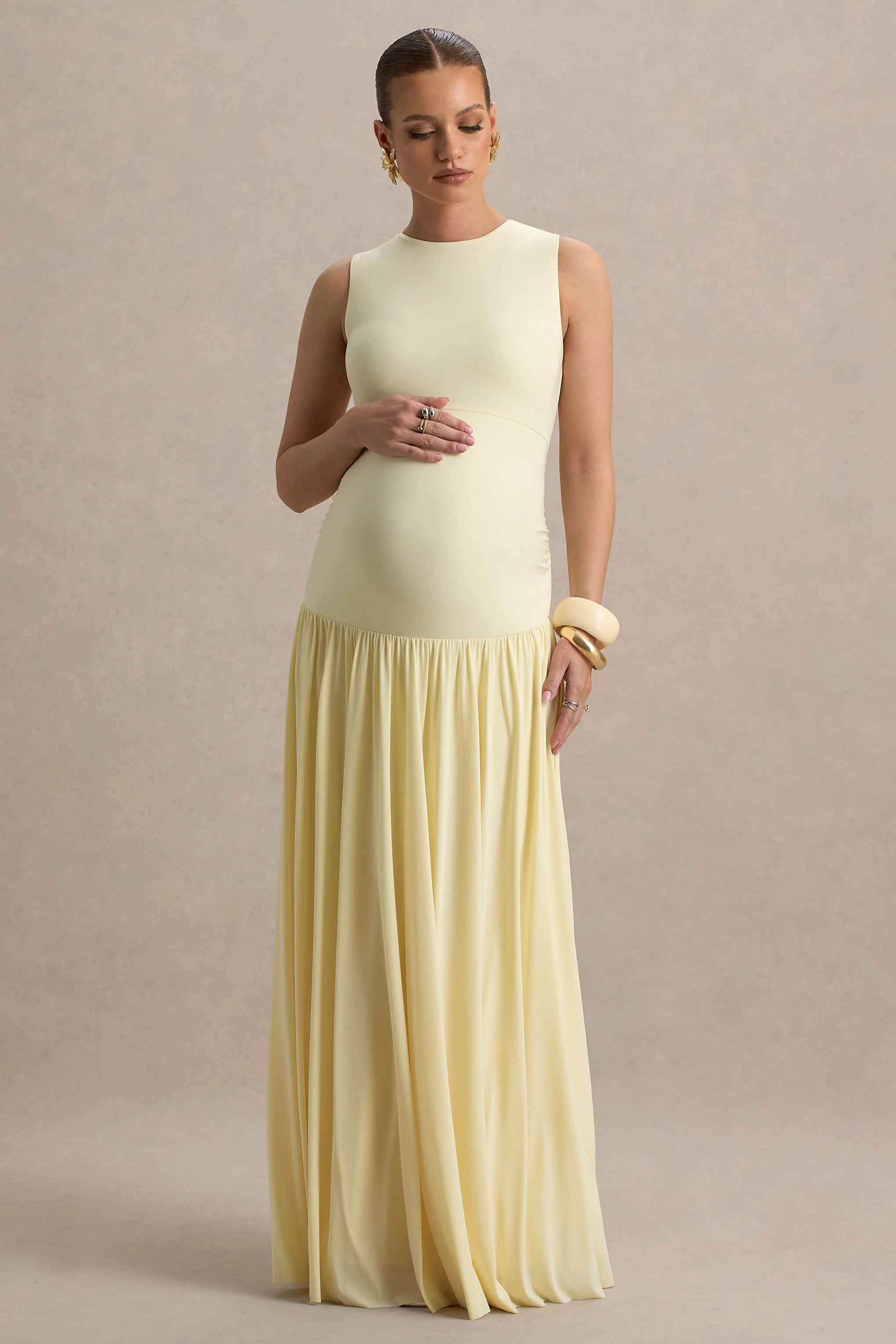 Outline | Robe longue de maternité citron à col rond avec jupe plissée - Image 5