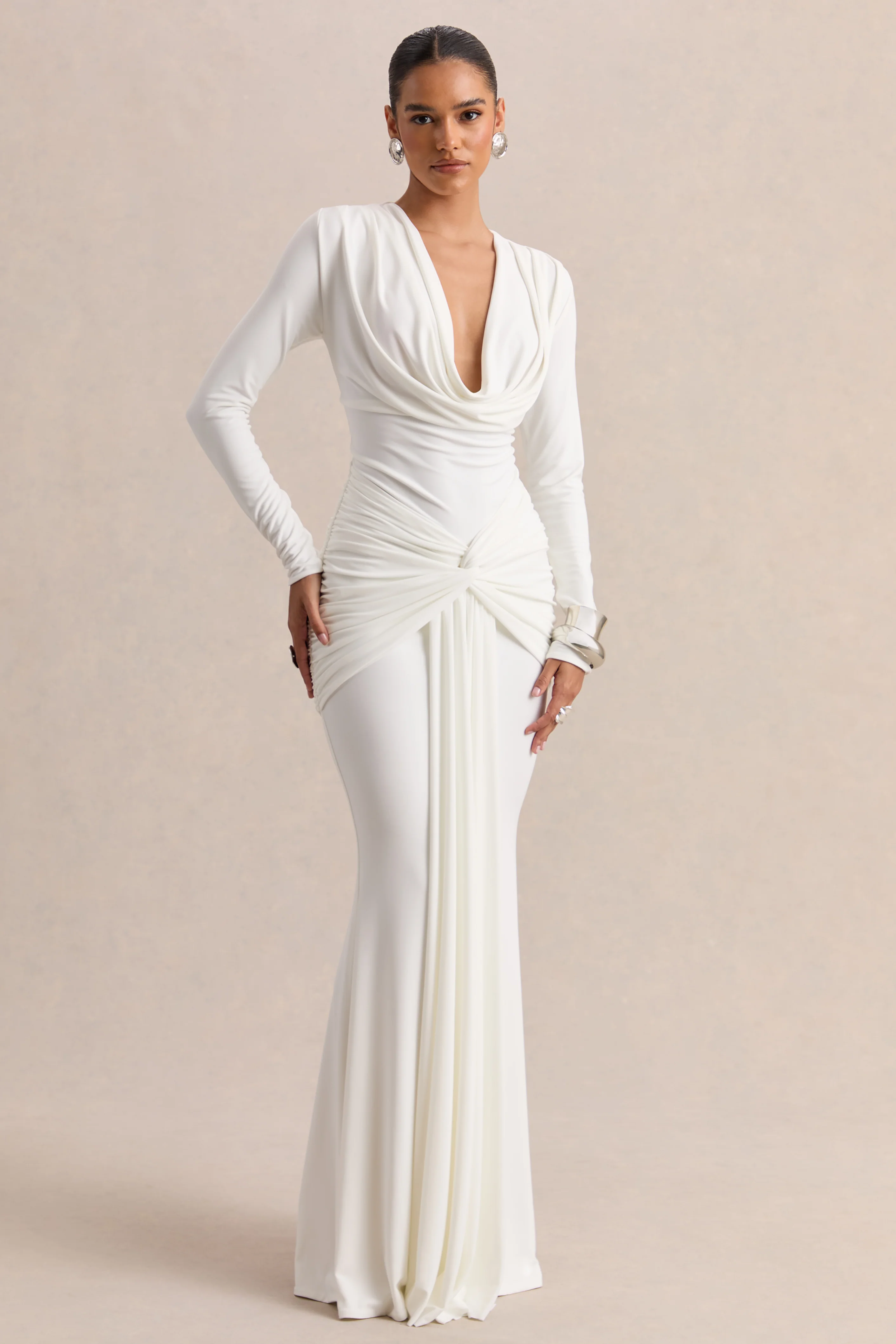 Palerma | Robe longue blanche à décolleté drapé avec détails froncés