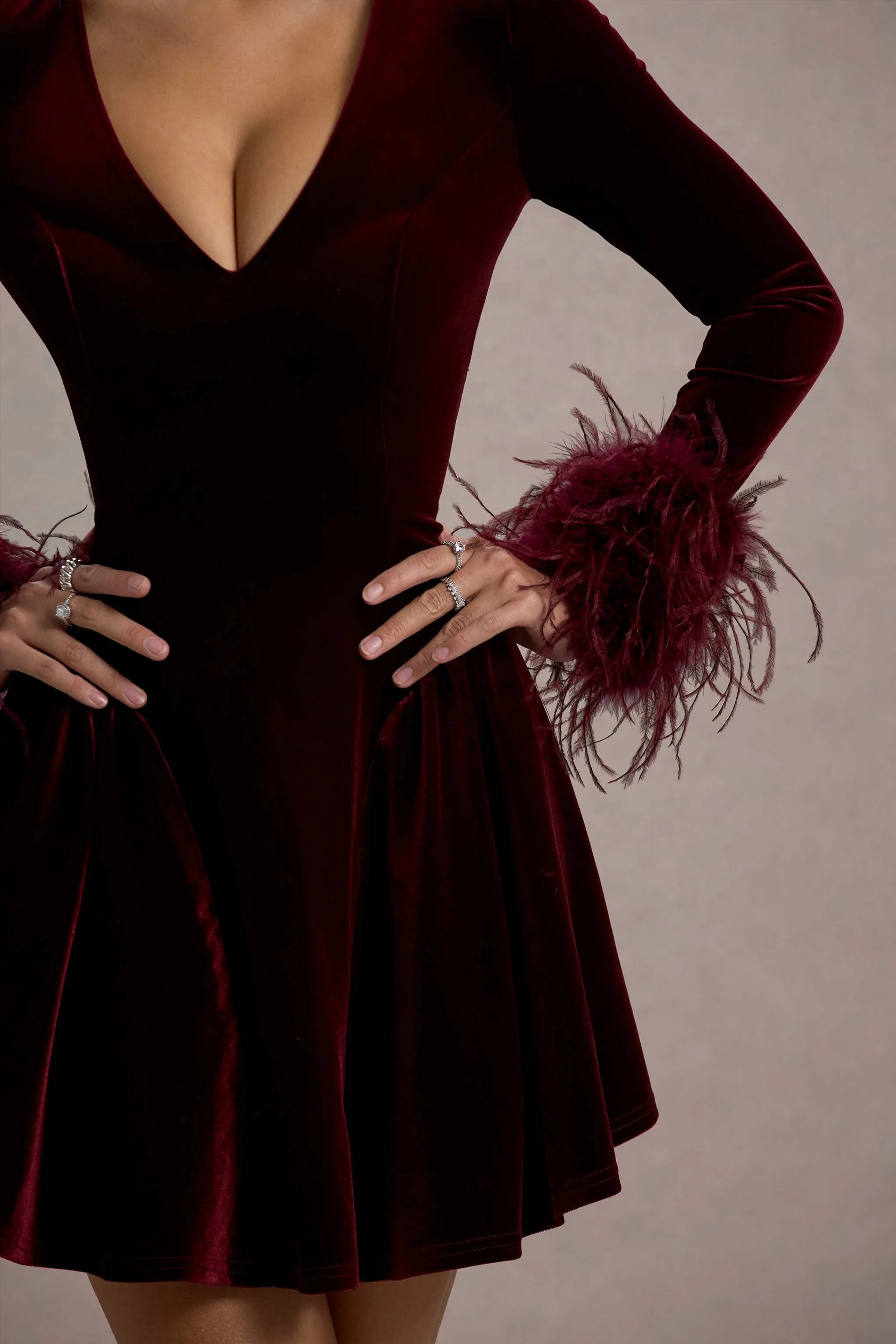 Pasilla | Mini-Robe en Velours Bordeaux avec Décolleté Plongeant et Finitions en Plumes - Image 5