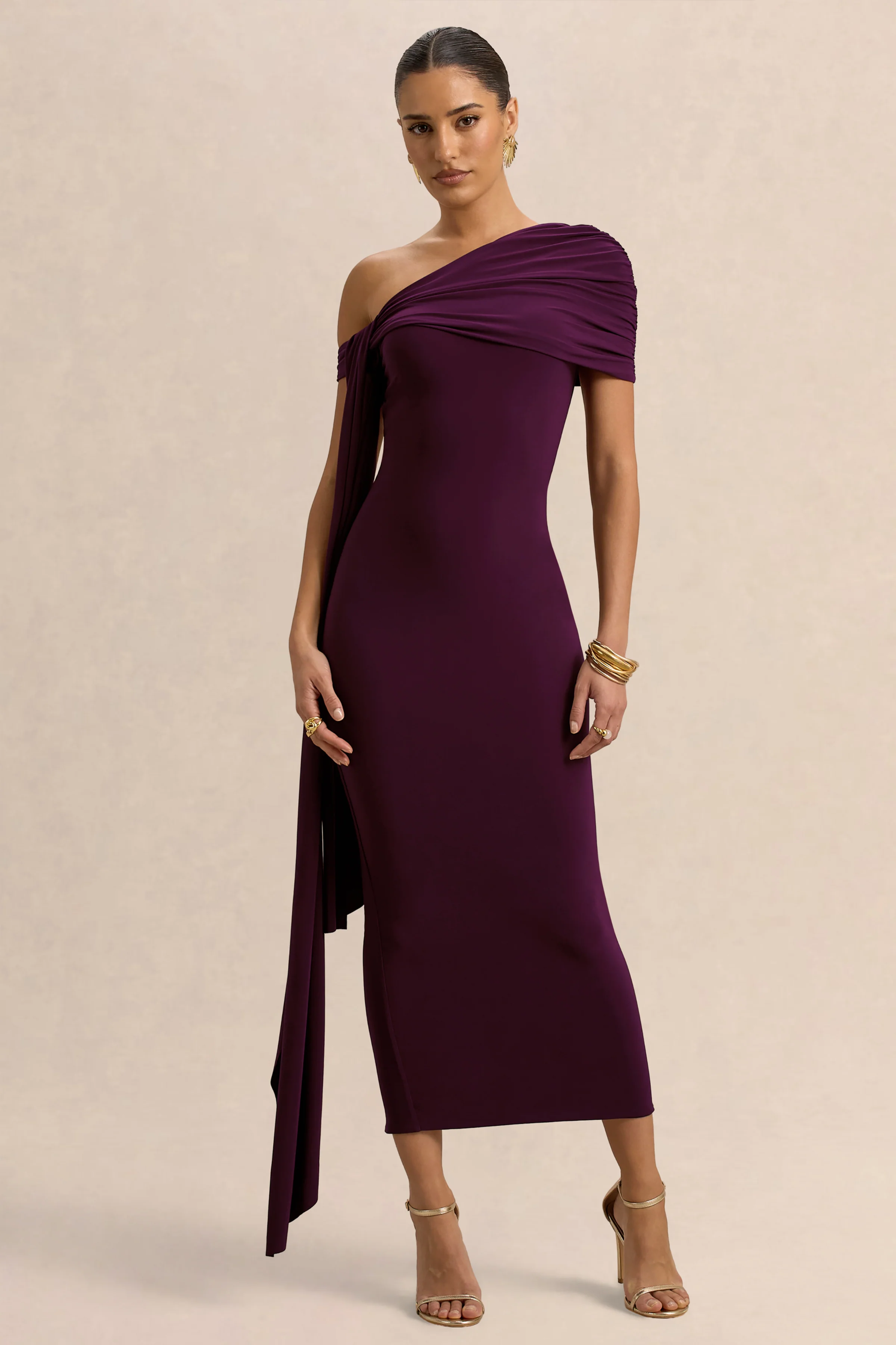Praia | Robe mi-longue prune à décolleté asymétrique avec sash et détails drapés - Image 4
