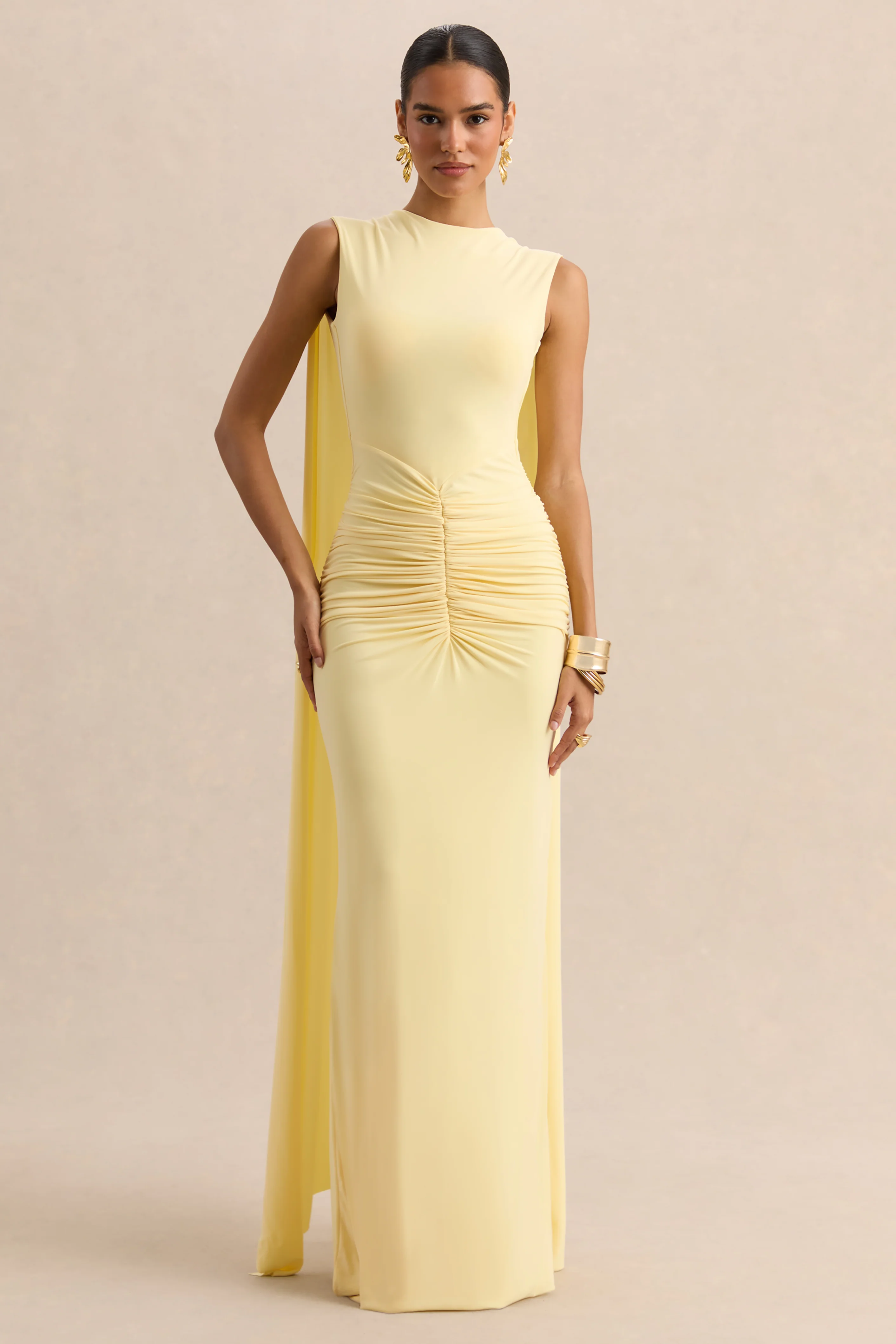 Premiere | Robe longue citron à encolure bateau avec manches cape et dos ouvert - Image 2
