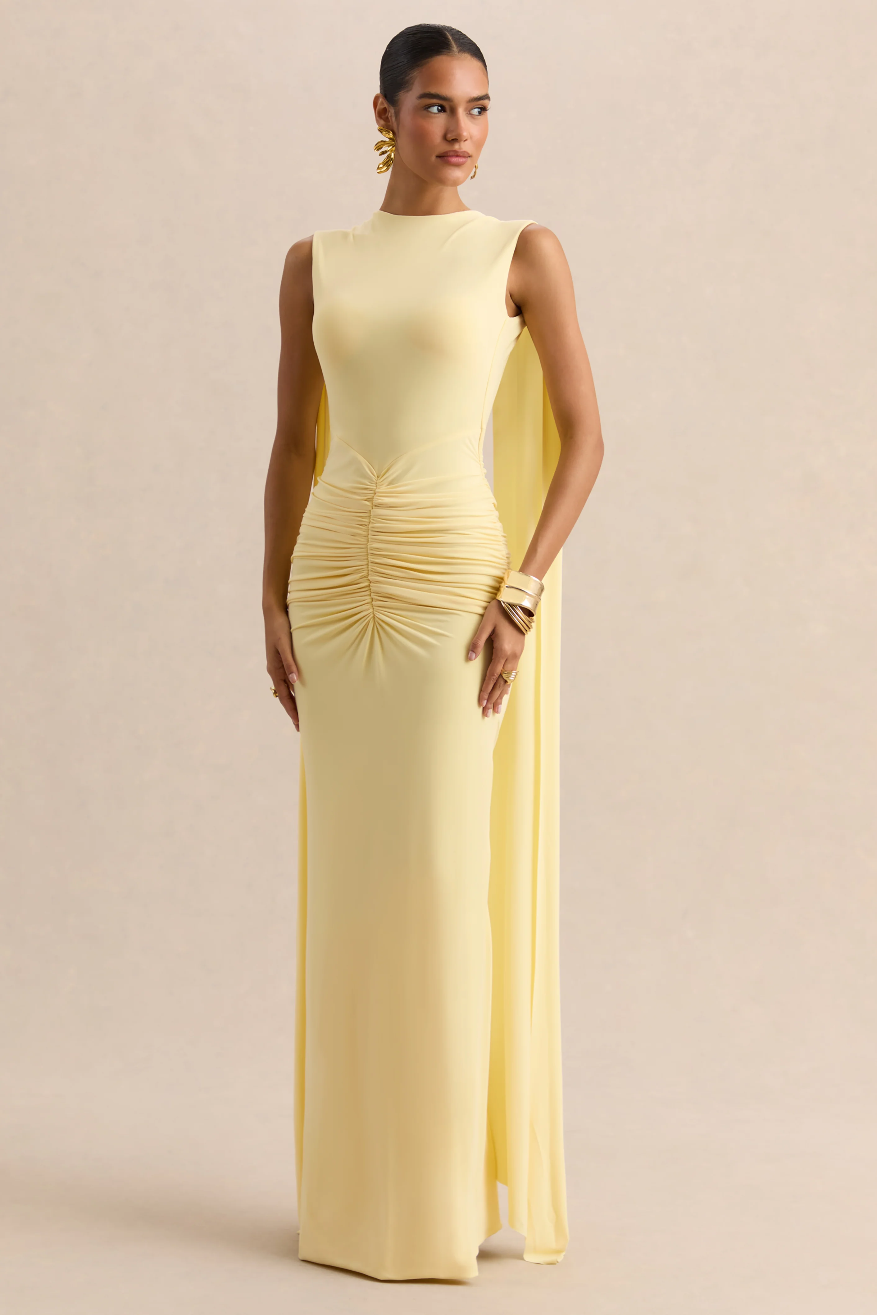 Premiere | Robe longue citron à encolure bateau avec manches cape et dos ouvert - Image 6