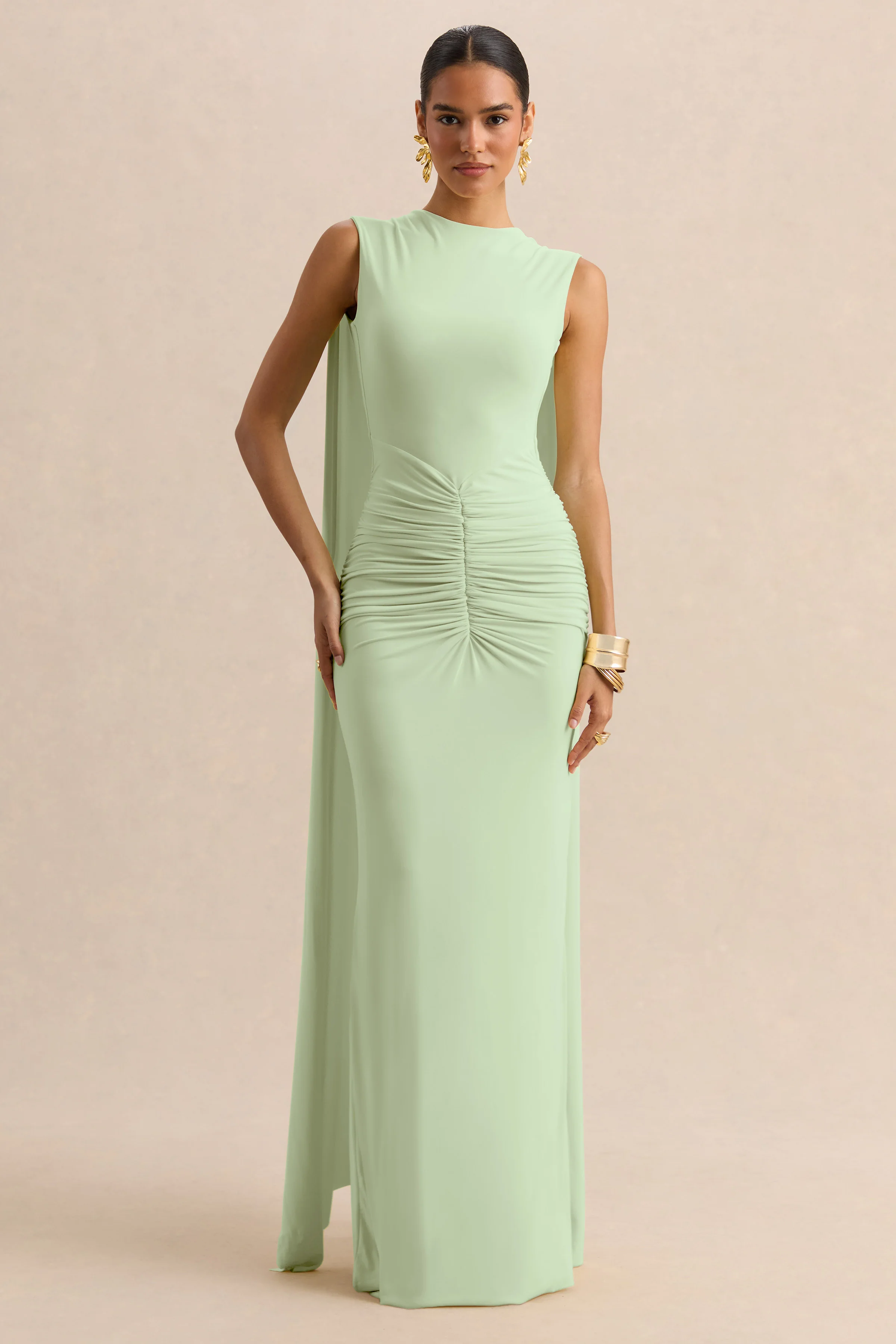 Premiere | Robe longue menthe à encolure bateau avec manches cape et dos ouvert - Image 2