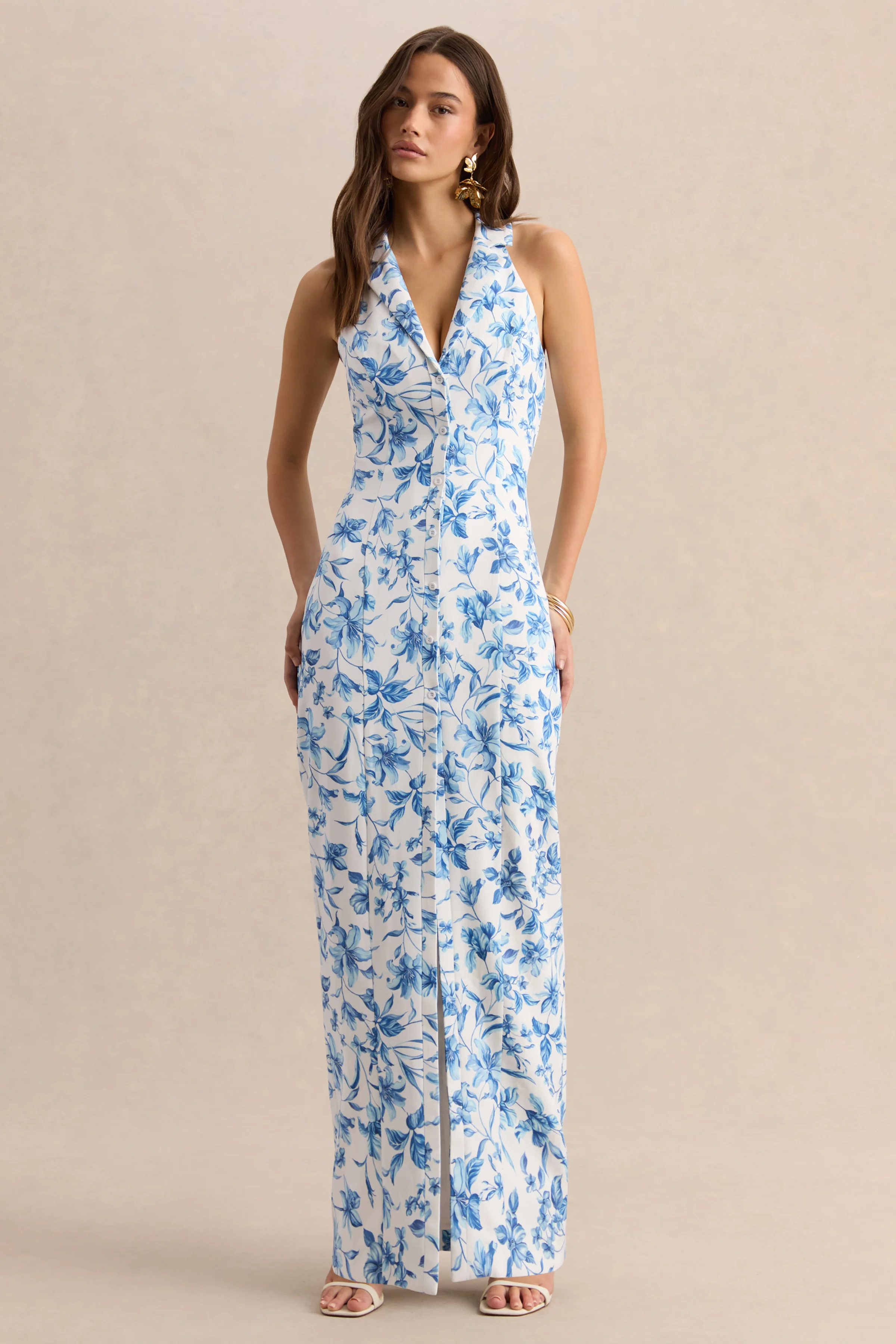 Quinn | Robe longue tailleur à décolleté plongeant et imprimé porcelaine bleu
