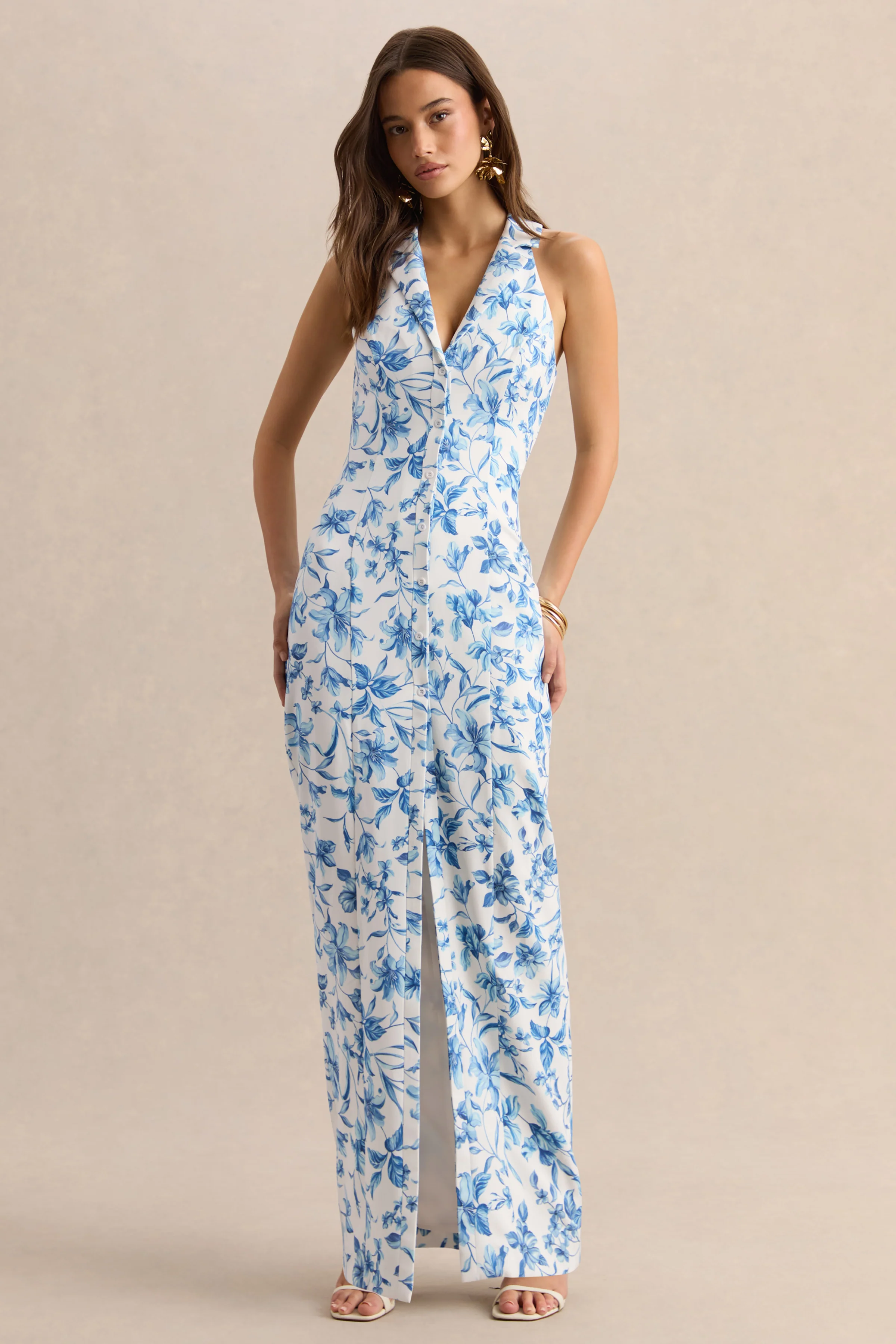 Quinn | Robe longue tailleur à décolleté plongeant et imprimé porcelaine bleu - Image 4
