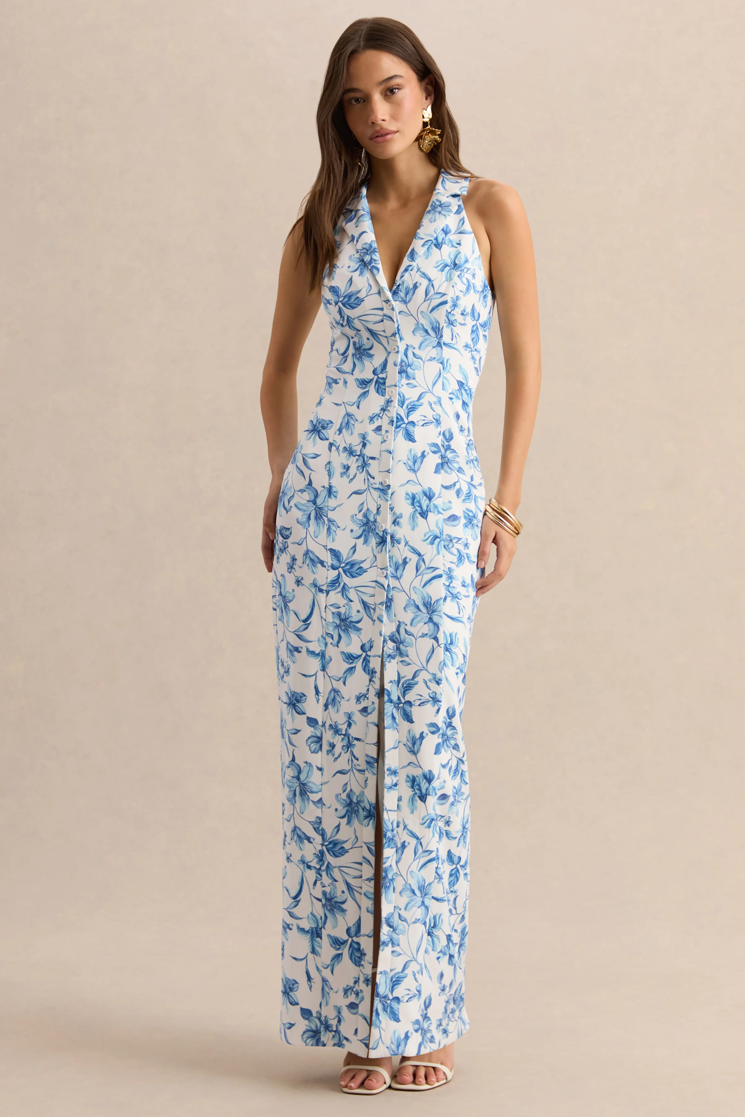 Quinn | Robe longue tailleur à décolleté plongeant et imprimé porcelaine bleu - Image 5