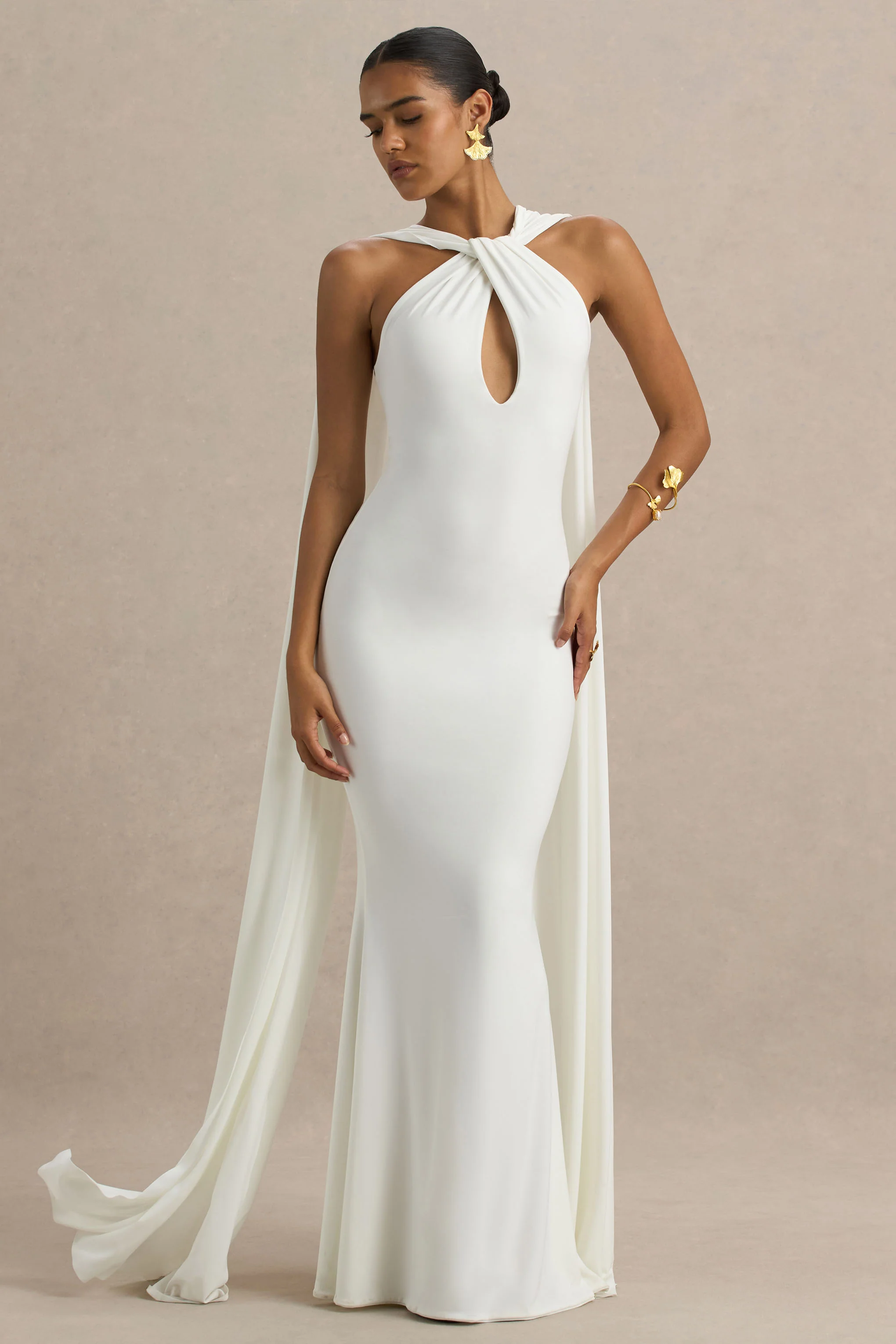 Rhoda | Robe longue blanche à col torsadé façon dos-nu avec drapé - Image 3