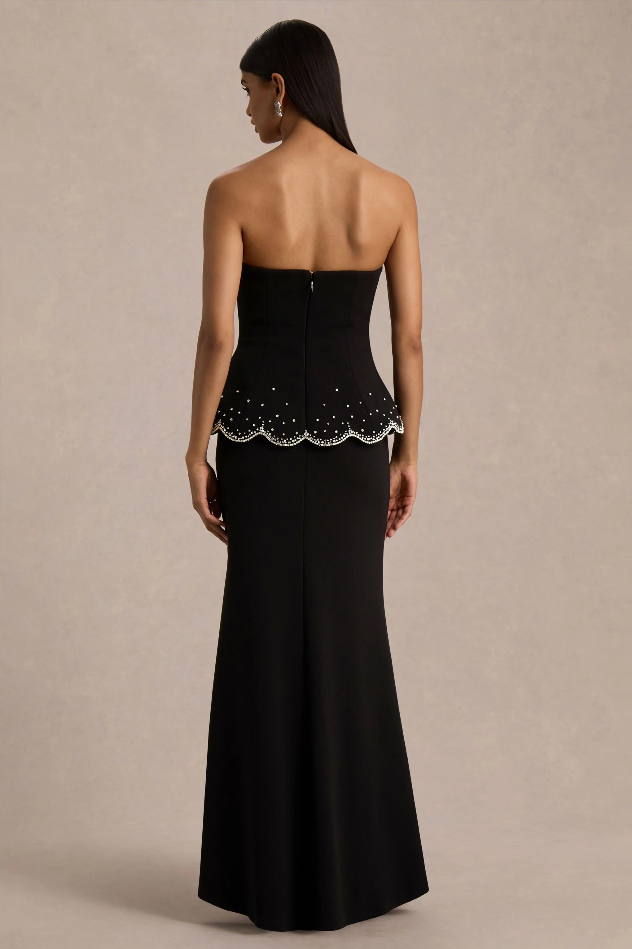 Robin | Robe Longue Noire à Corset Sans Bretelles Ornée de Strass - Image 3