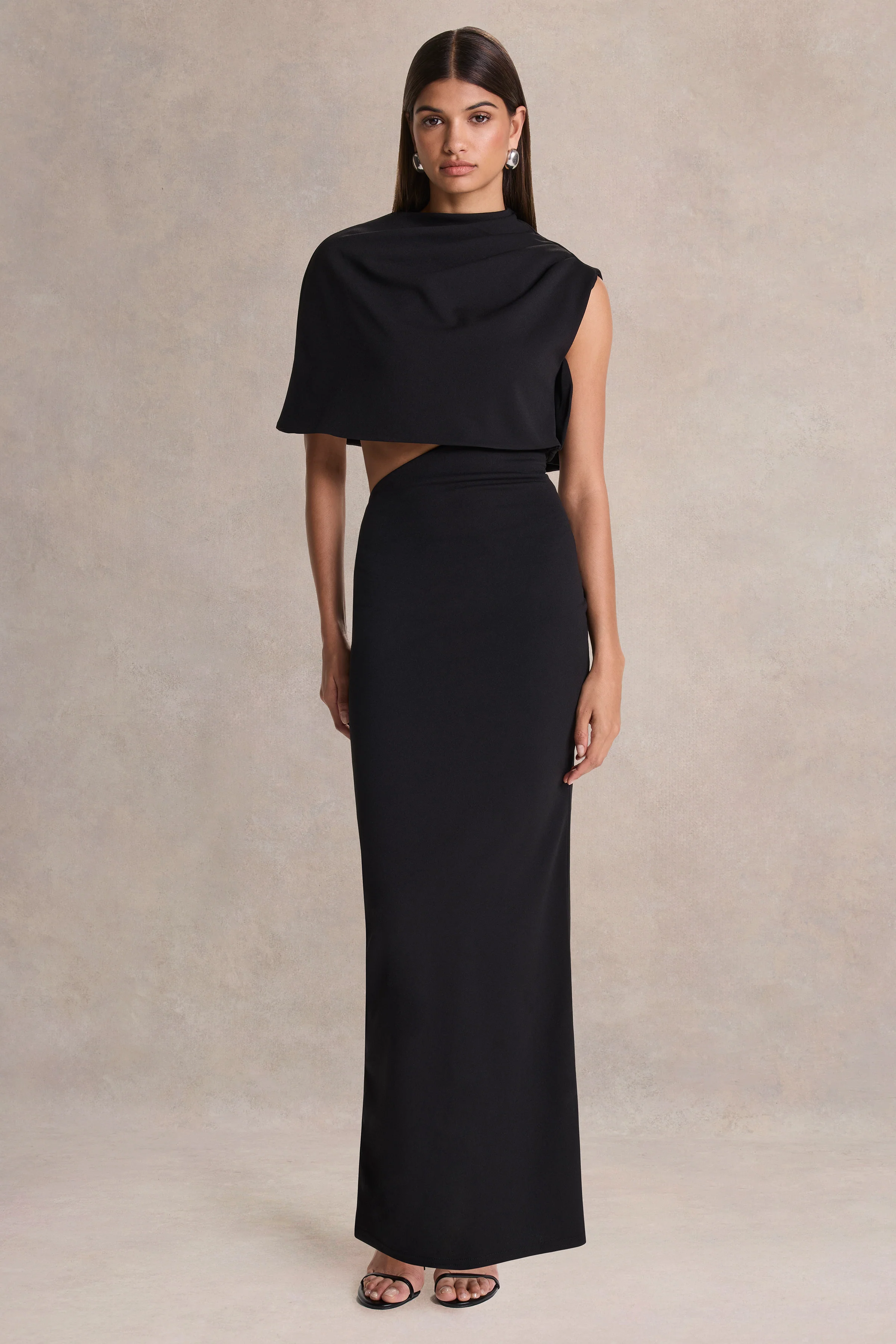 Roseth | Robe longue noire à encolure haute avec cape amovible - Image 6