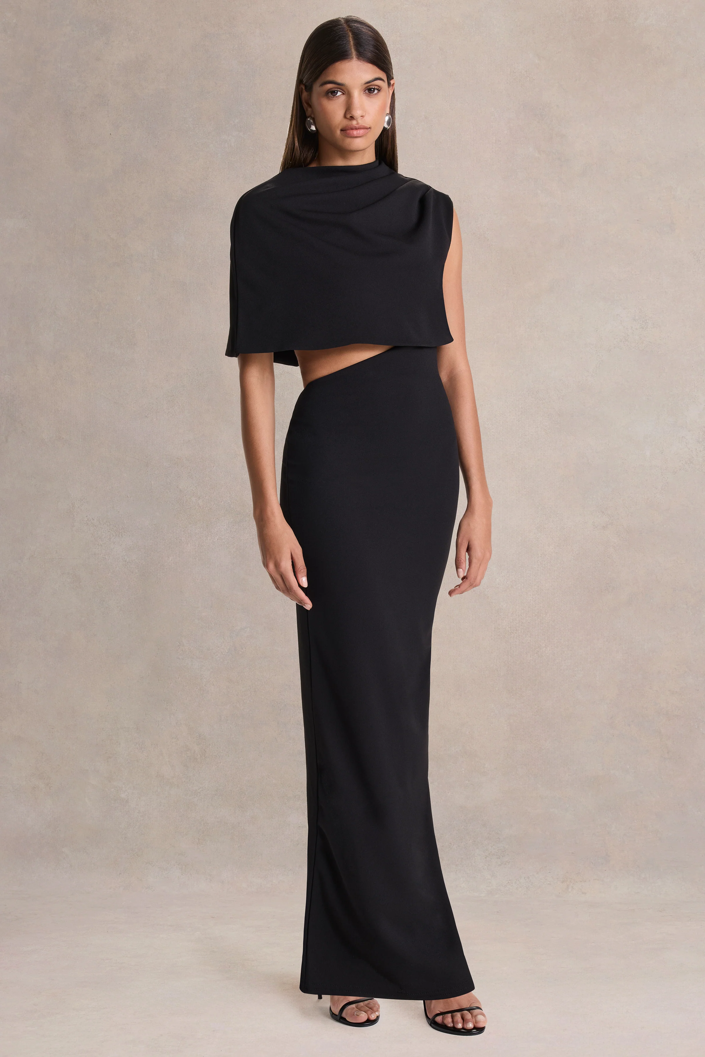 Roseth | Robe longue noire à encolure haute avec cape amovible - Image 7