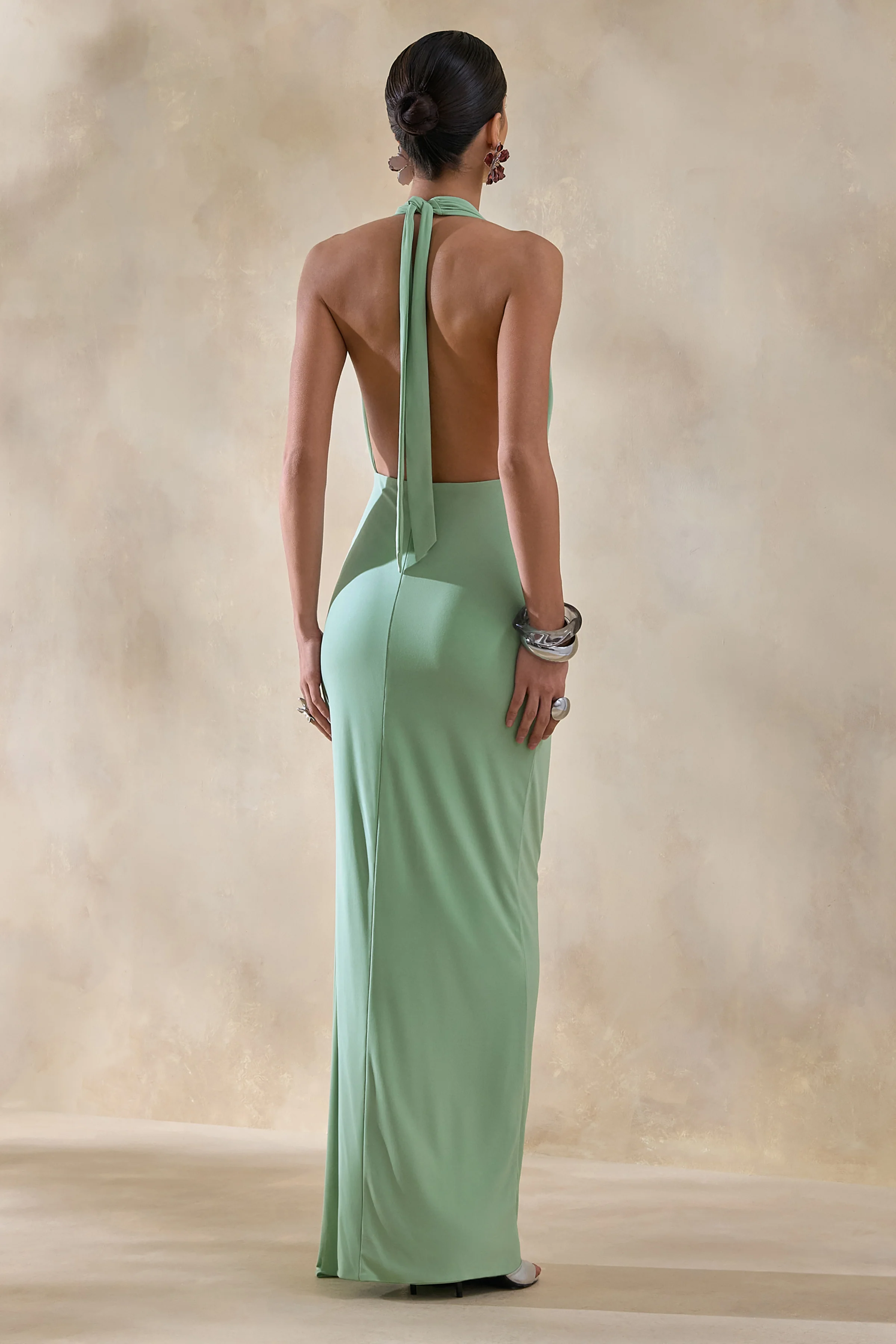 Rosina | Robe longue sauge drapée à encolure dos-nu avec ceinture - Image 2
