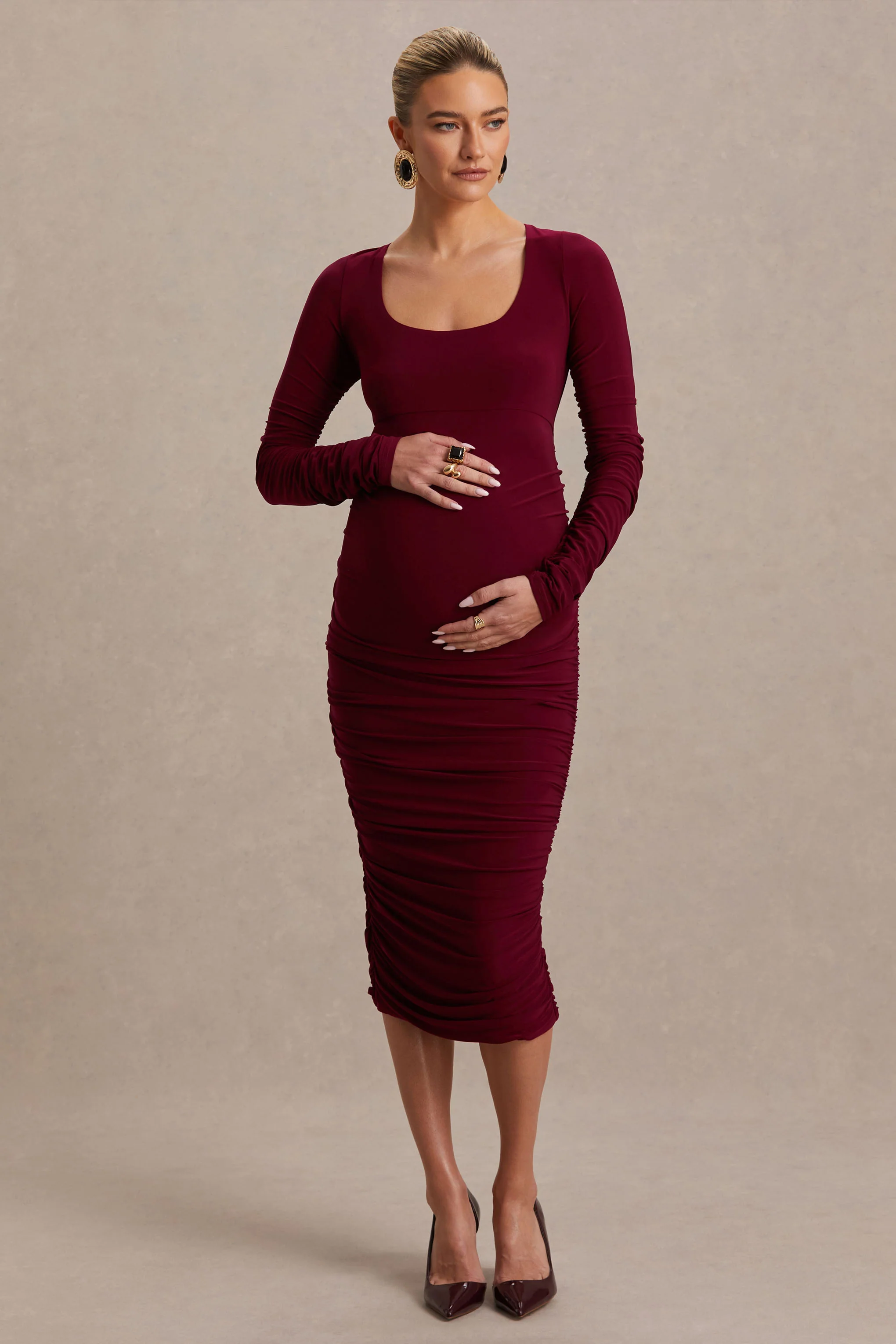 Saffron | Robe mi-longue de maternité baie à encolure arrondie