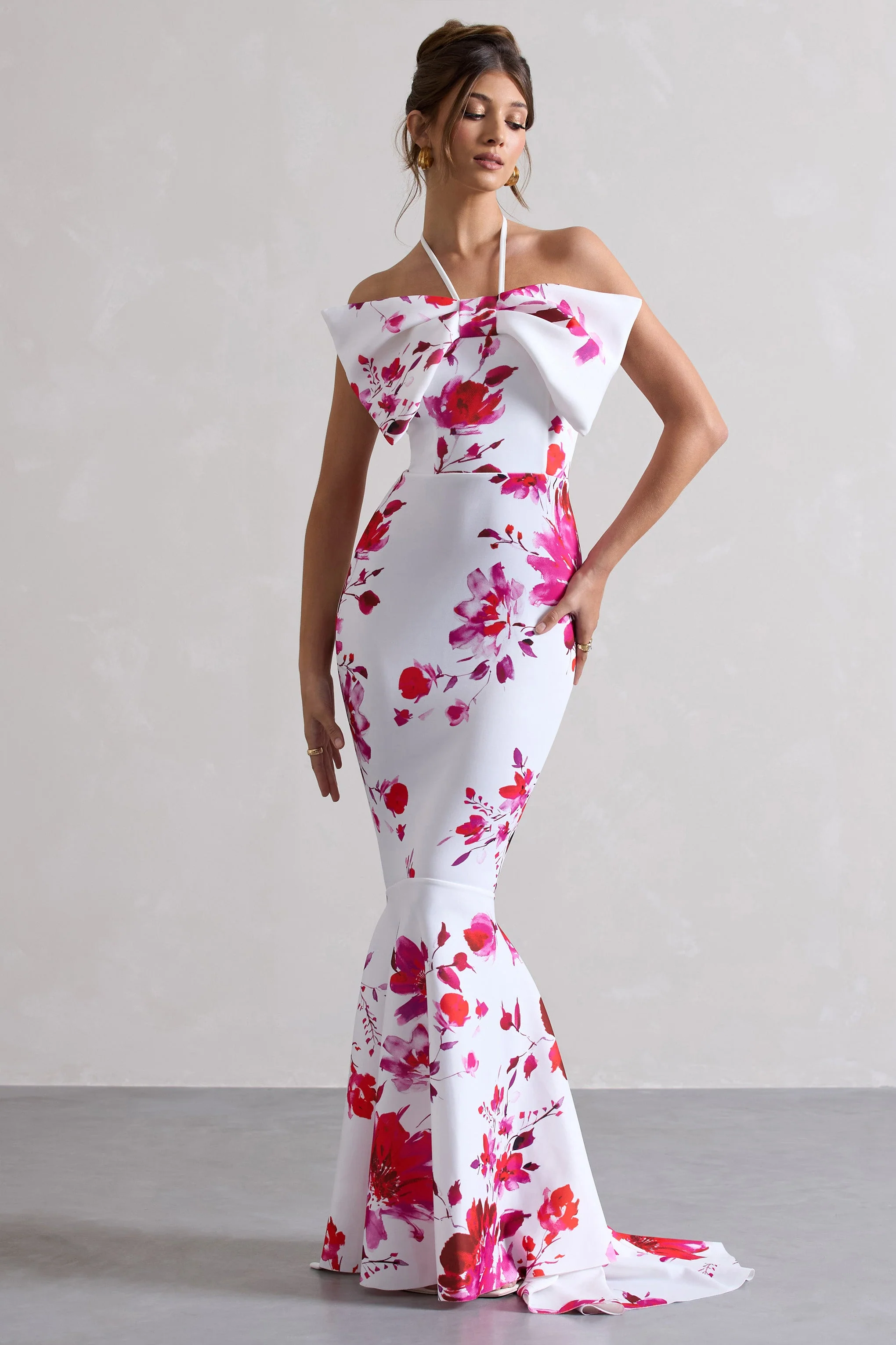 Sakura | Robe longue rose à imprimé floral encolure haute et noeud