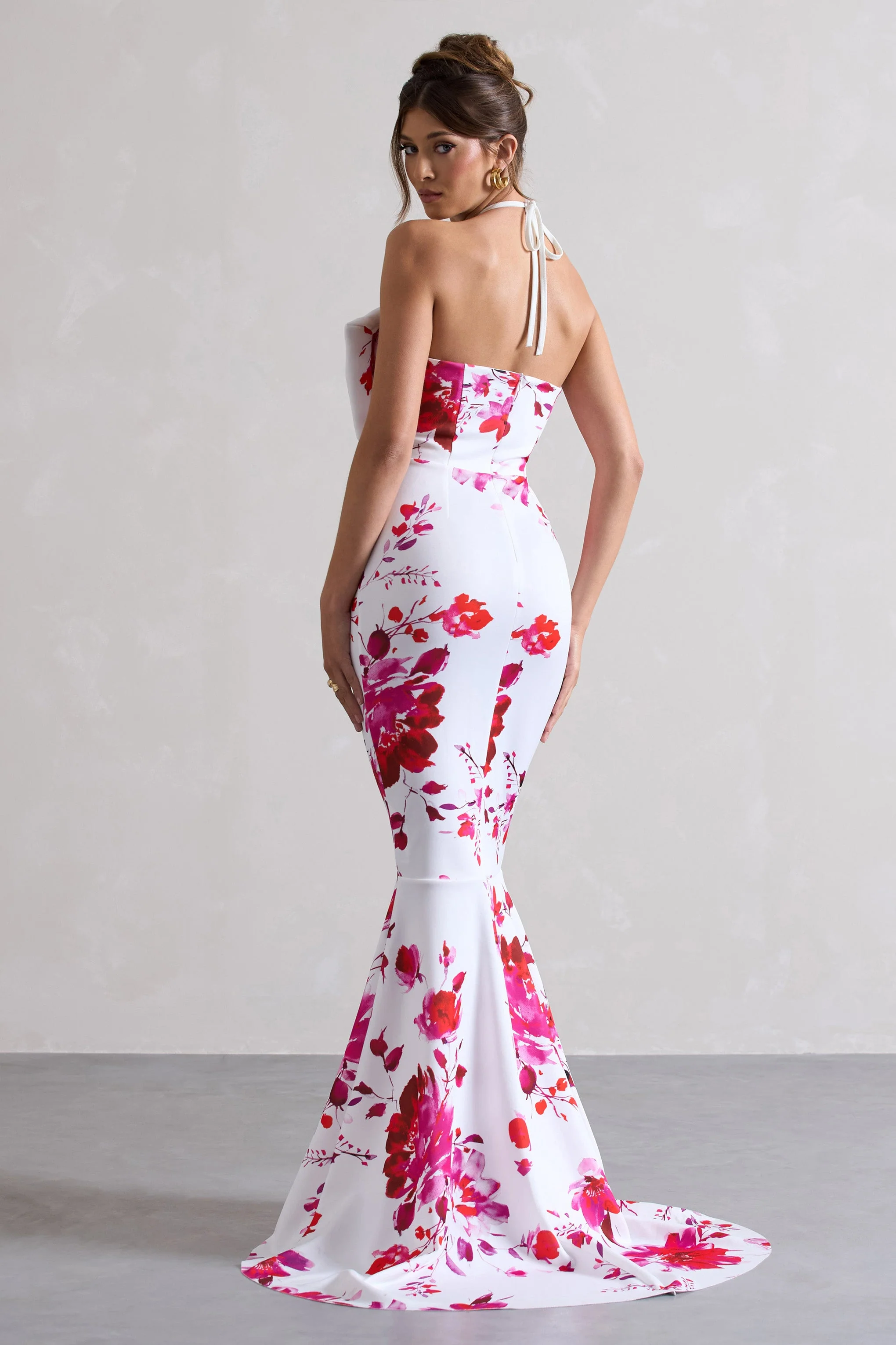 Sakura | Robe longue rose à imprimé floral encolure haute et noeud - Image 2