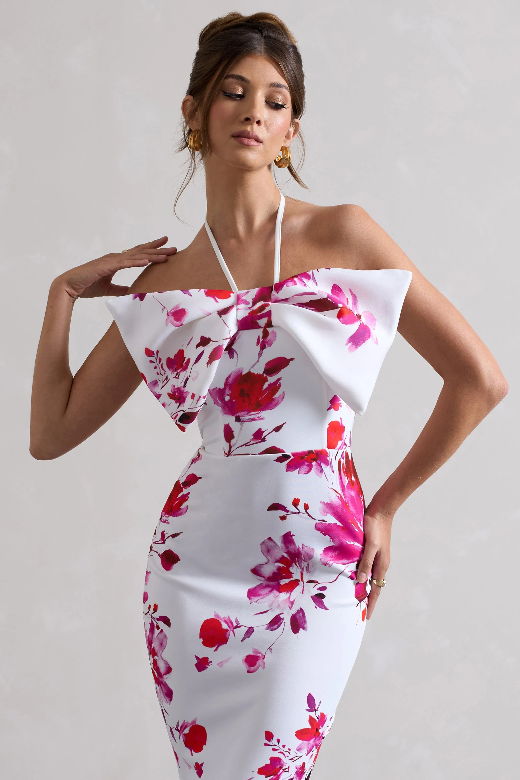Sakura | Robe longue rose à imprimé floral encolure haute et noeud - Image 3