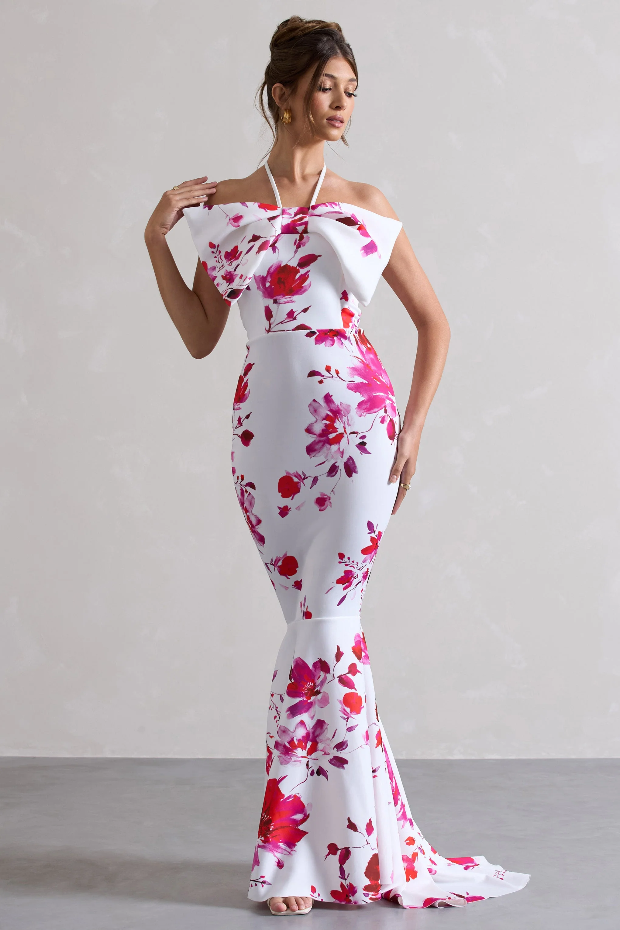 Sakura | Robe longue rose à imprimé floral encolure haute et noeud - Image 4