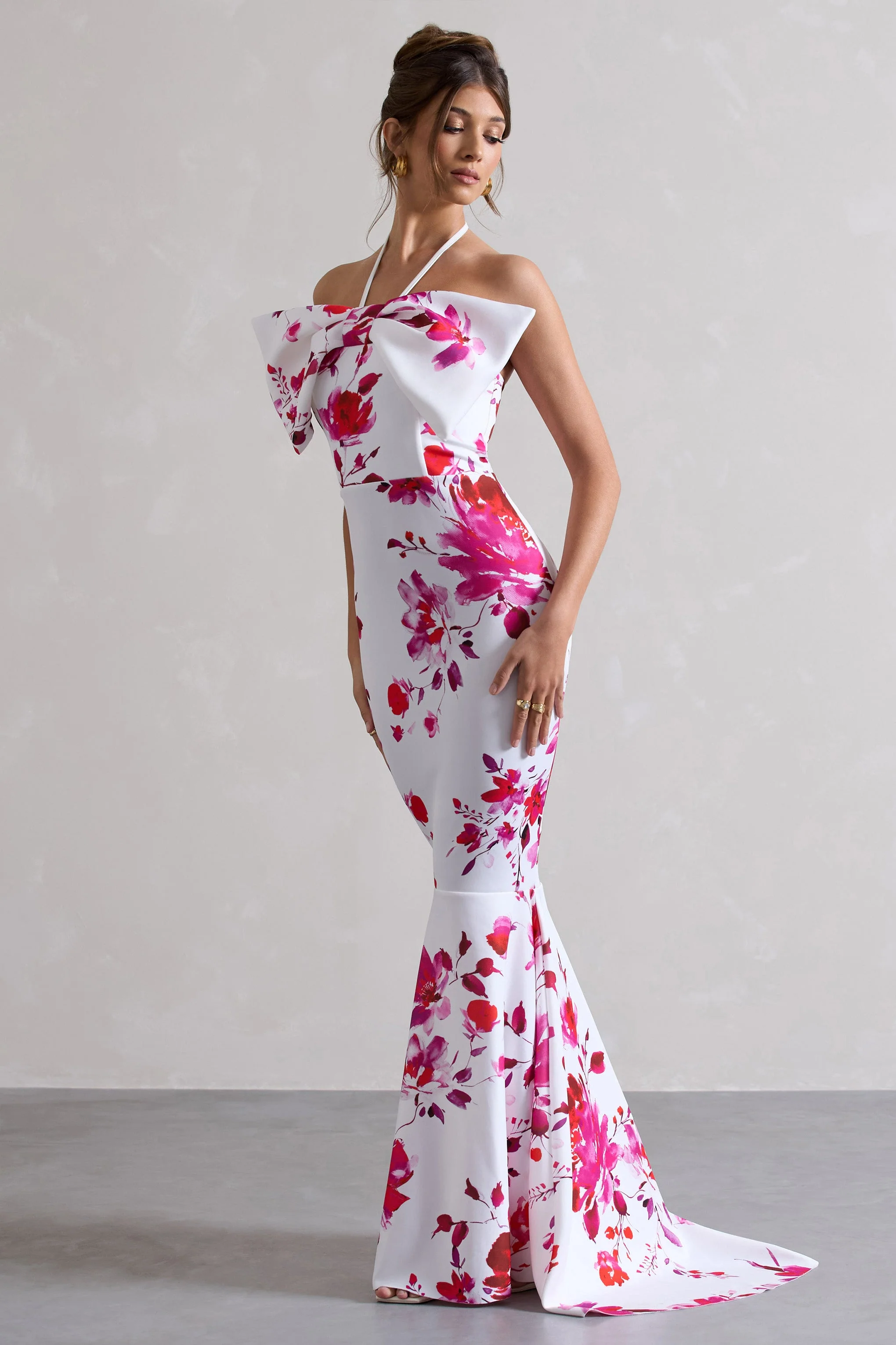 Sakura | Robe longue rose à imprimé floral encolure haute et noeud - Image 5