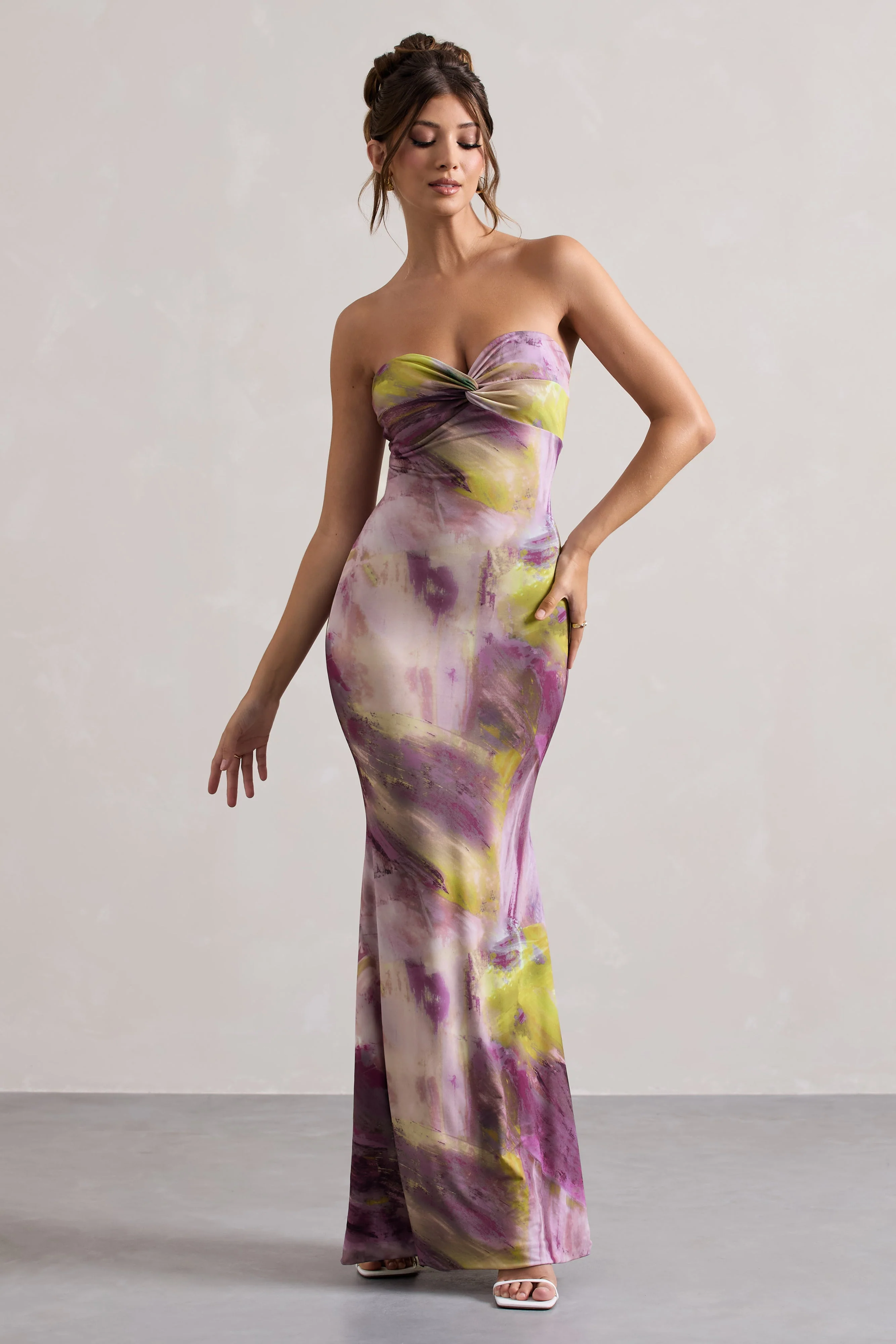 Santiago | Robe longue torsadée à imprimé lilas sans bretelles