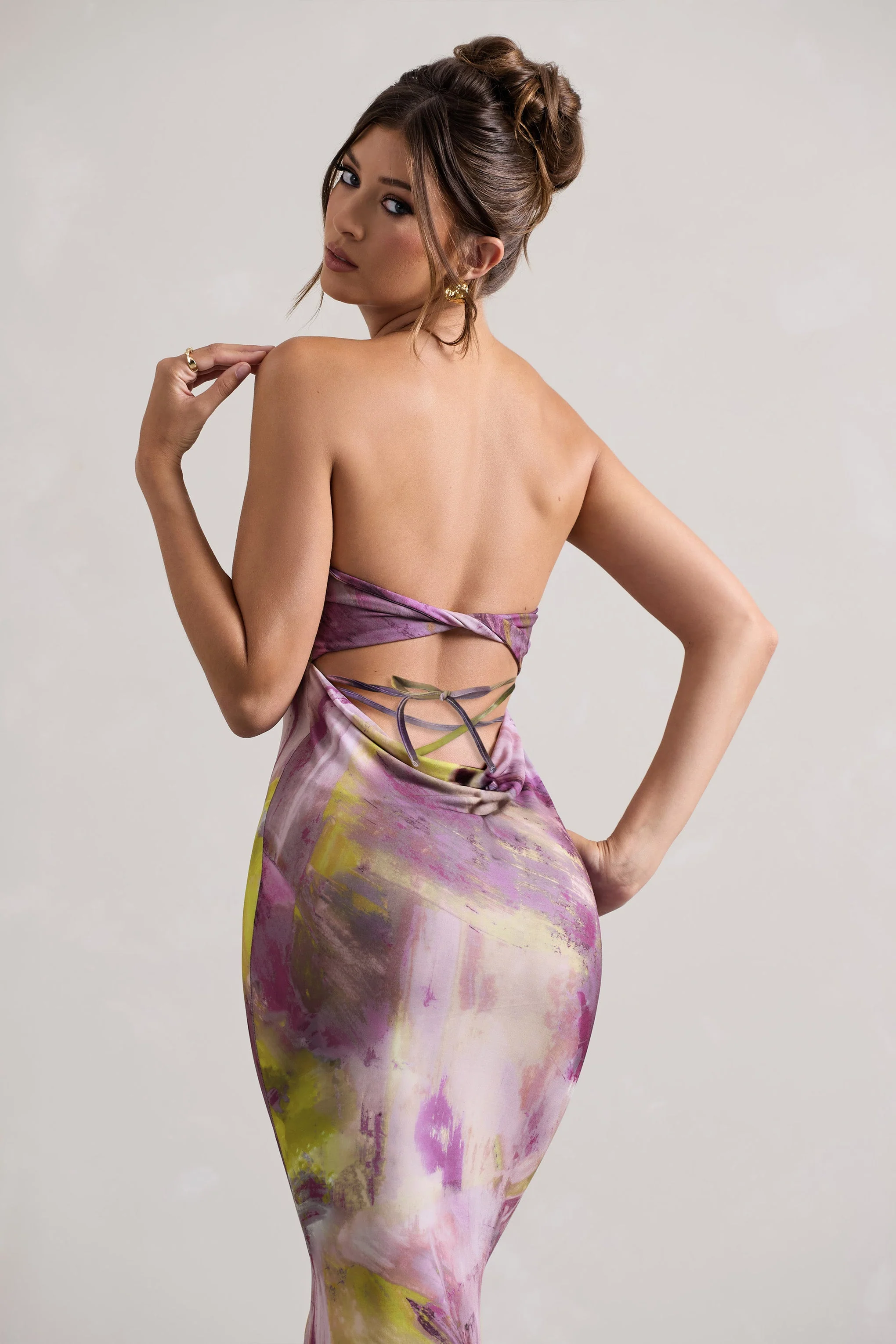 Santiago | Robe longue torsadée à imprimé lilas sans bretelles - Image 4