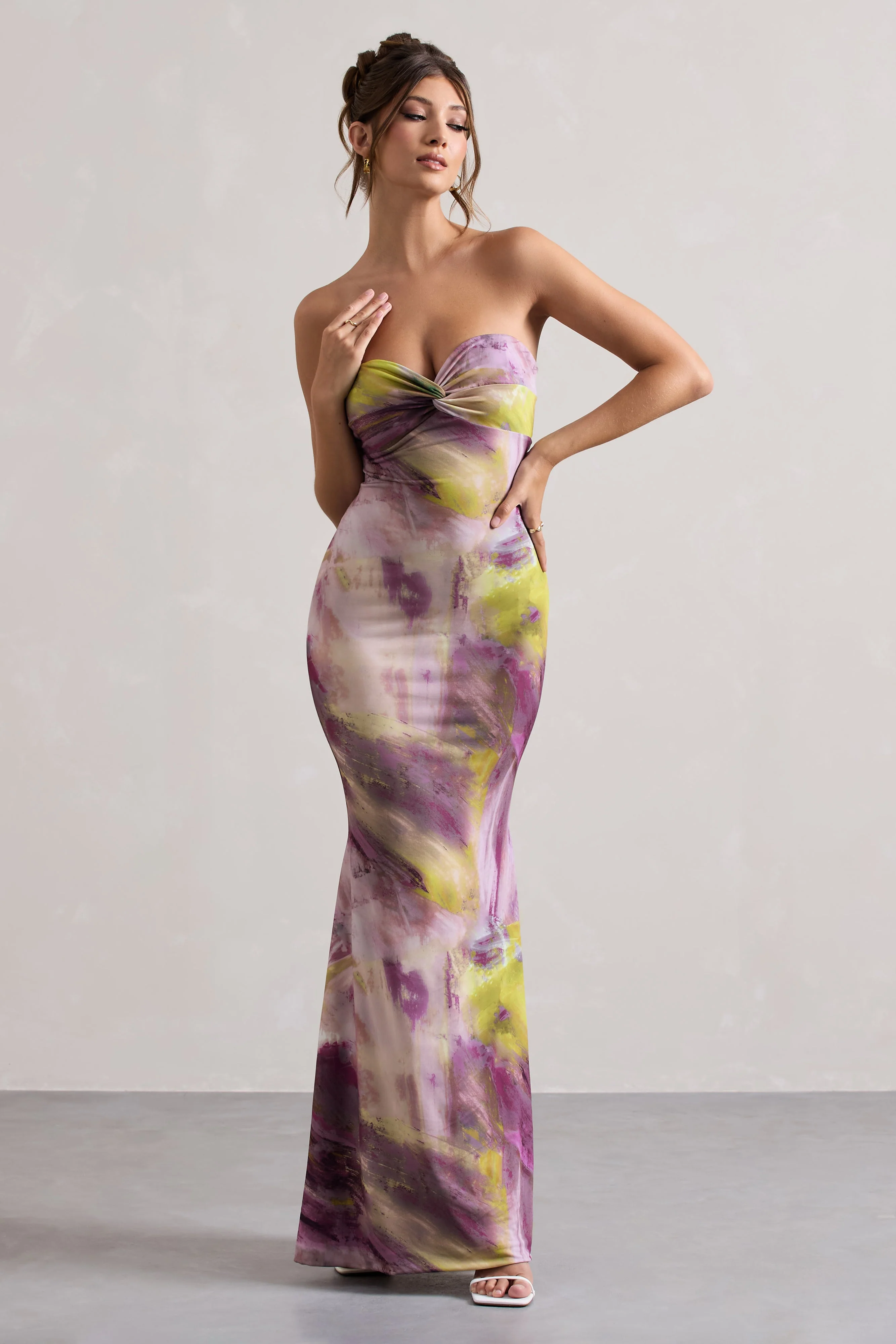 Santiago | Robe longue torsadée à imprimé lilas sans bretelles - Image 6