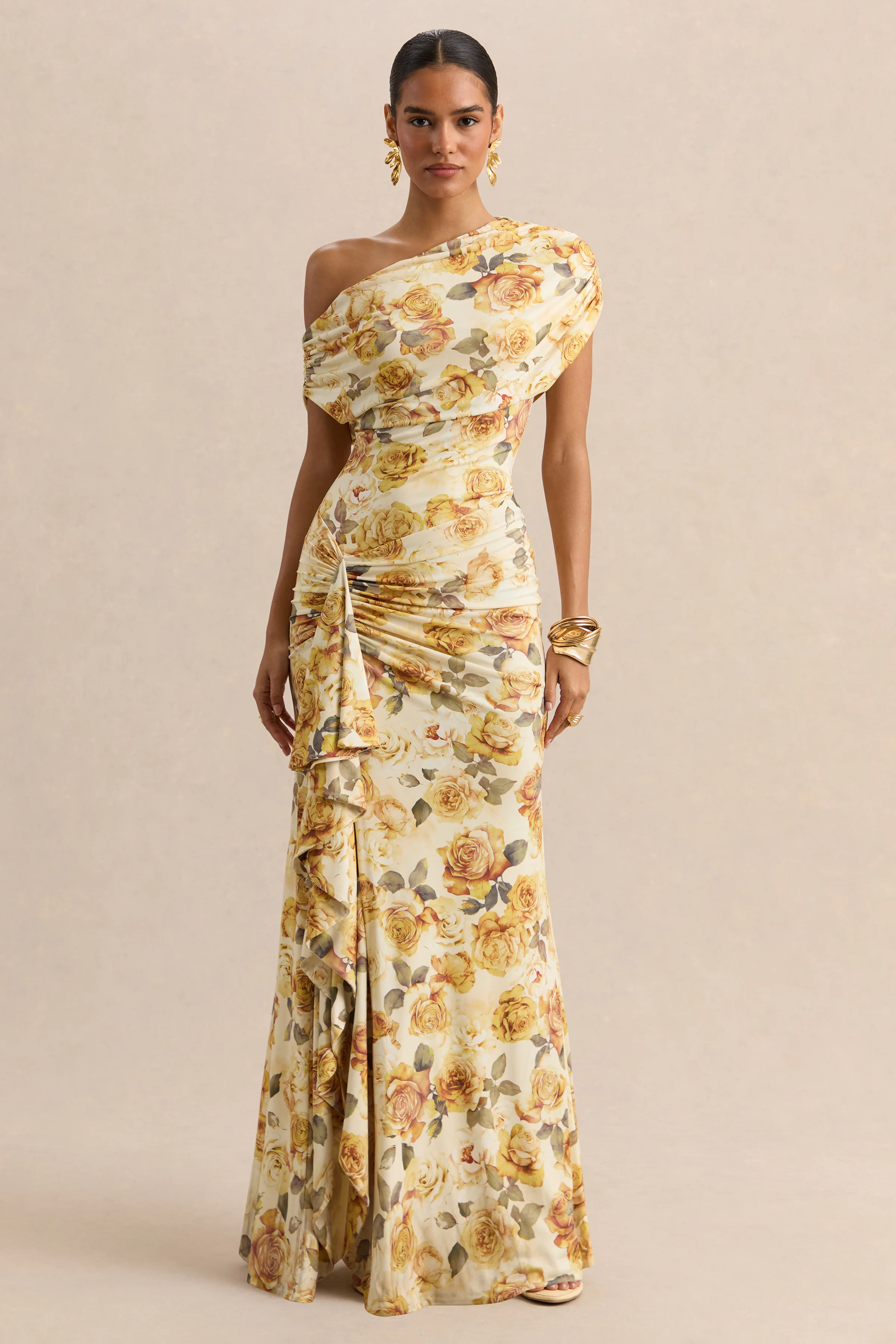 Siora | Robe longue citron à imprimé rose à encolure asymétrique avec détails drapés