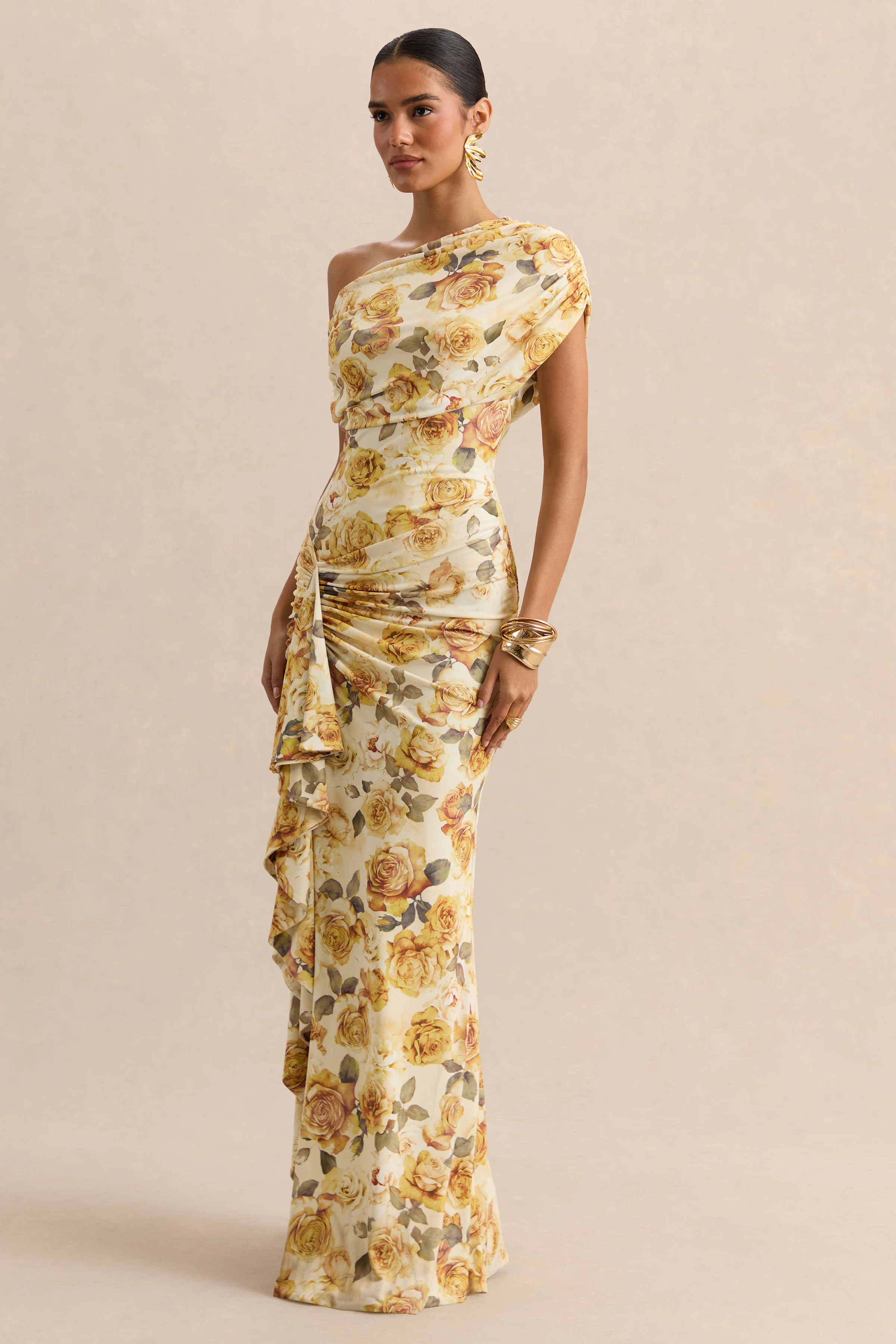 Siora | Robe longue citron à imprimé rose à encolure asymétrique avec détails drapés - Image 2
