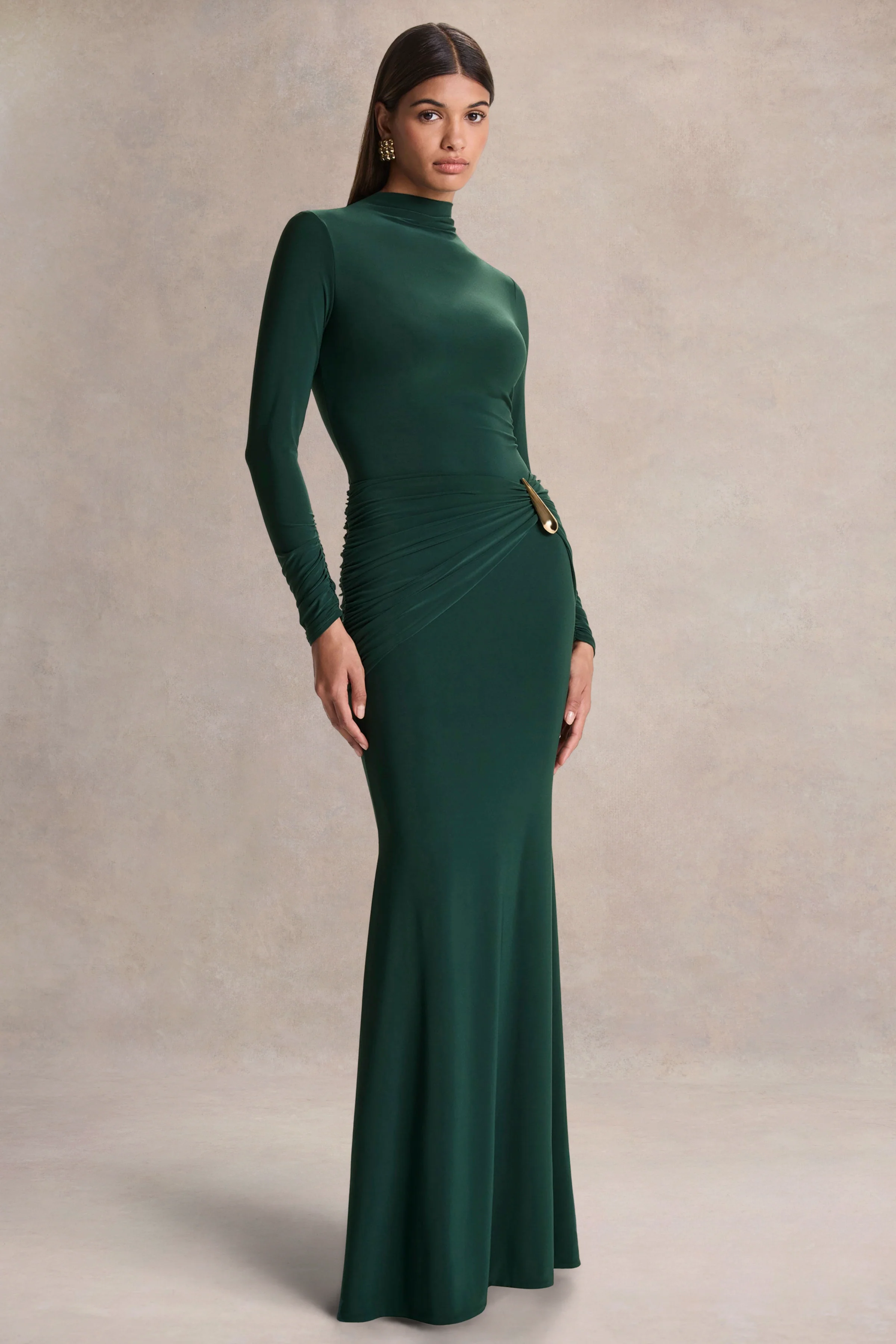 Solarium | Robe longue vert foncé à manches longues avec détail doré - Image 4