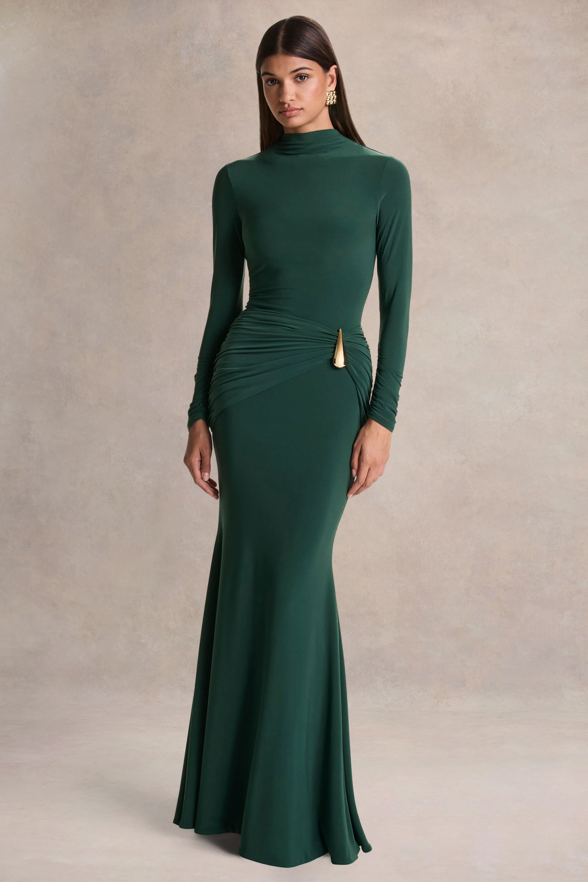 Solarium | Robe longue vert foncé à manches longues avec détail doré - Image 5
