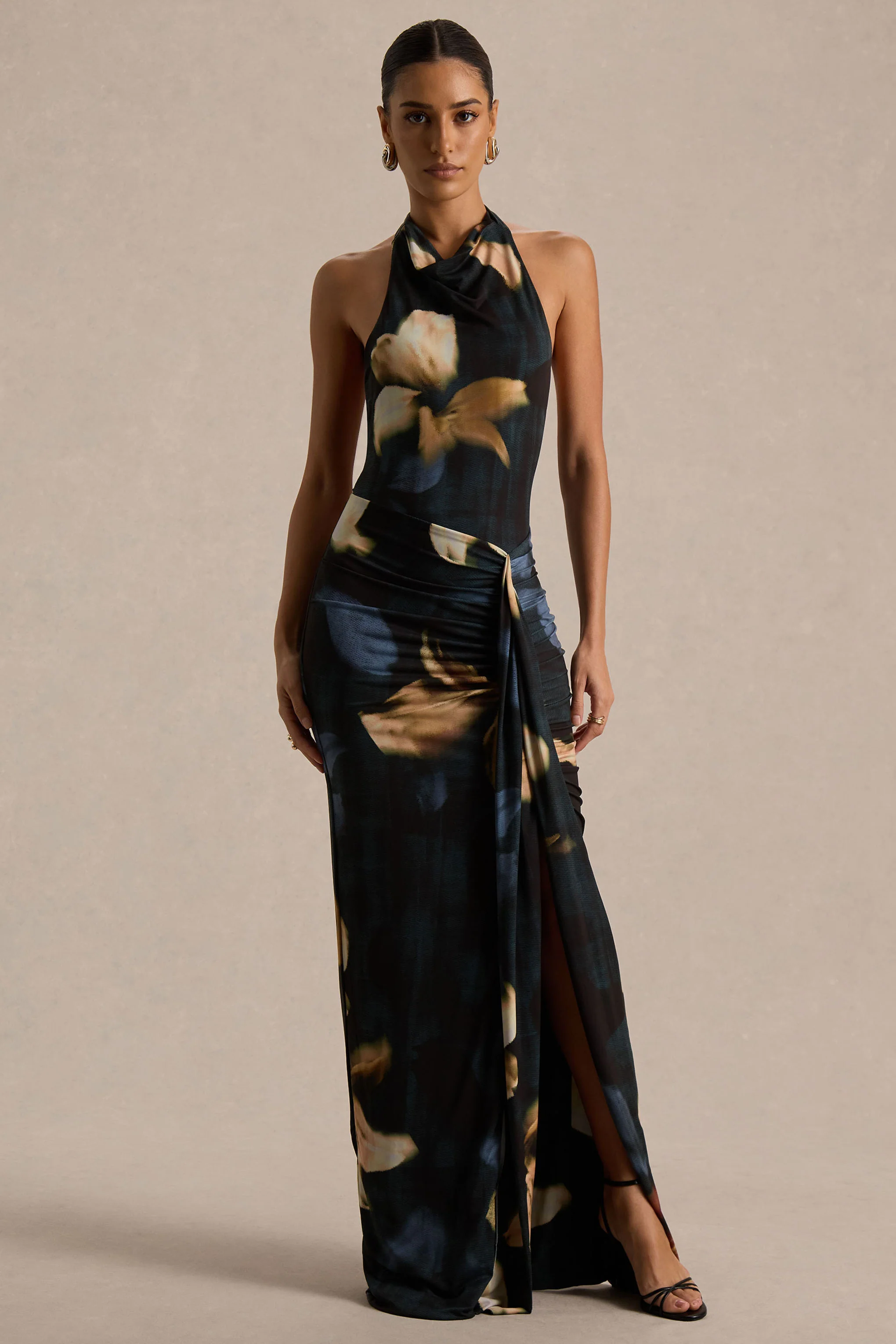 Sunflower | Robe longue à col montant en tissu tissé imprimé lys foncé avec fente frontale haute