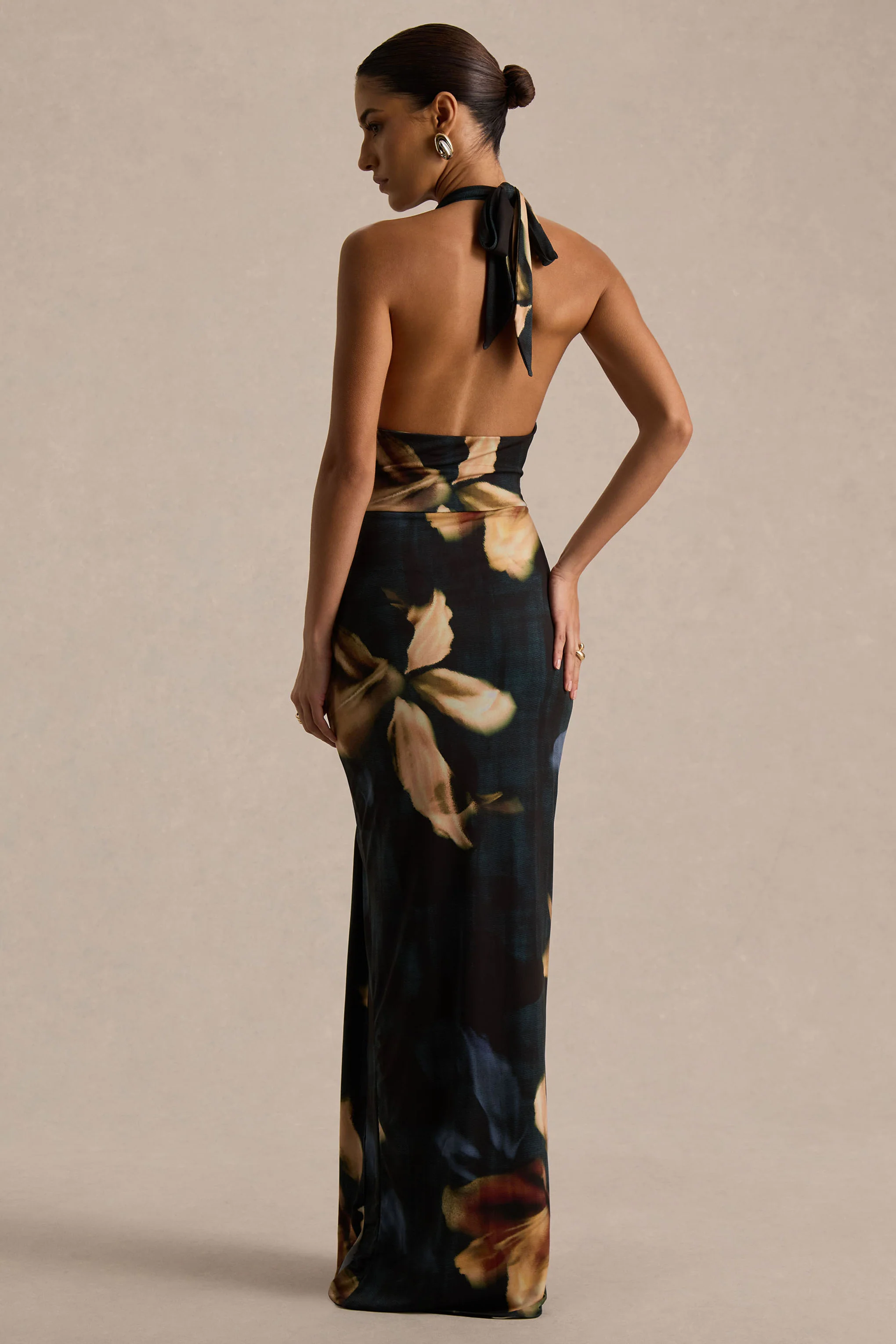 Sunflower | Robe longue à col montant en tissu tissé imprimé lys foncé avec fente frontale haute - Image 2