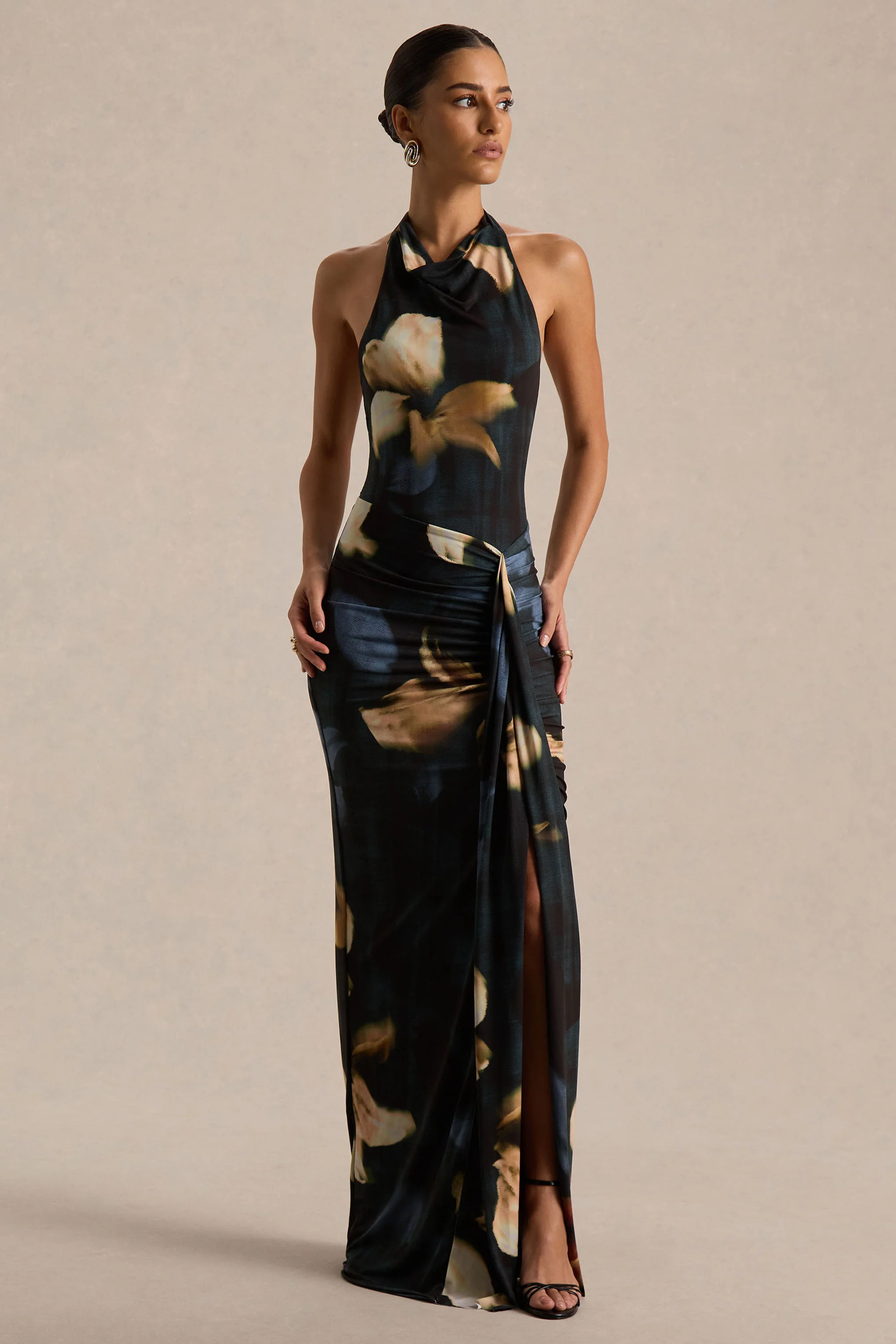 Sunflower | Robe longue à col montant en tissu tissé imprimé lys foncé avec fente frontale haute - Image 4
