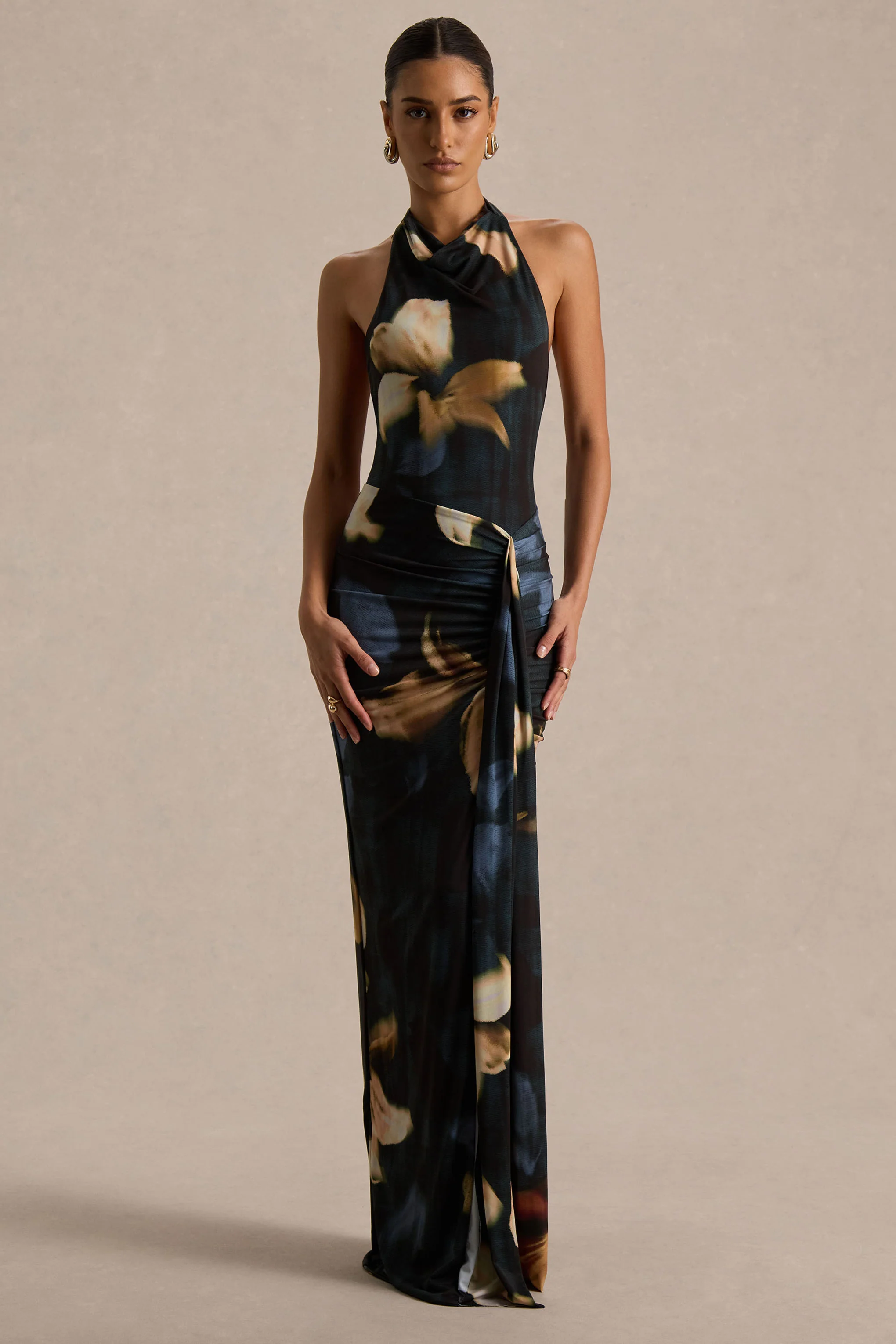 Sunflower | Robe longue à col montant en tissu tissé imprimé lys foncé avec fente frontale haute - Image 5