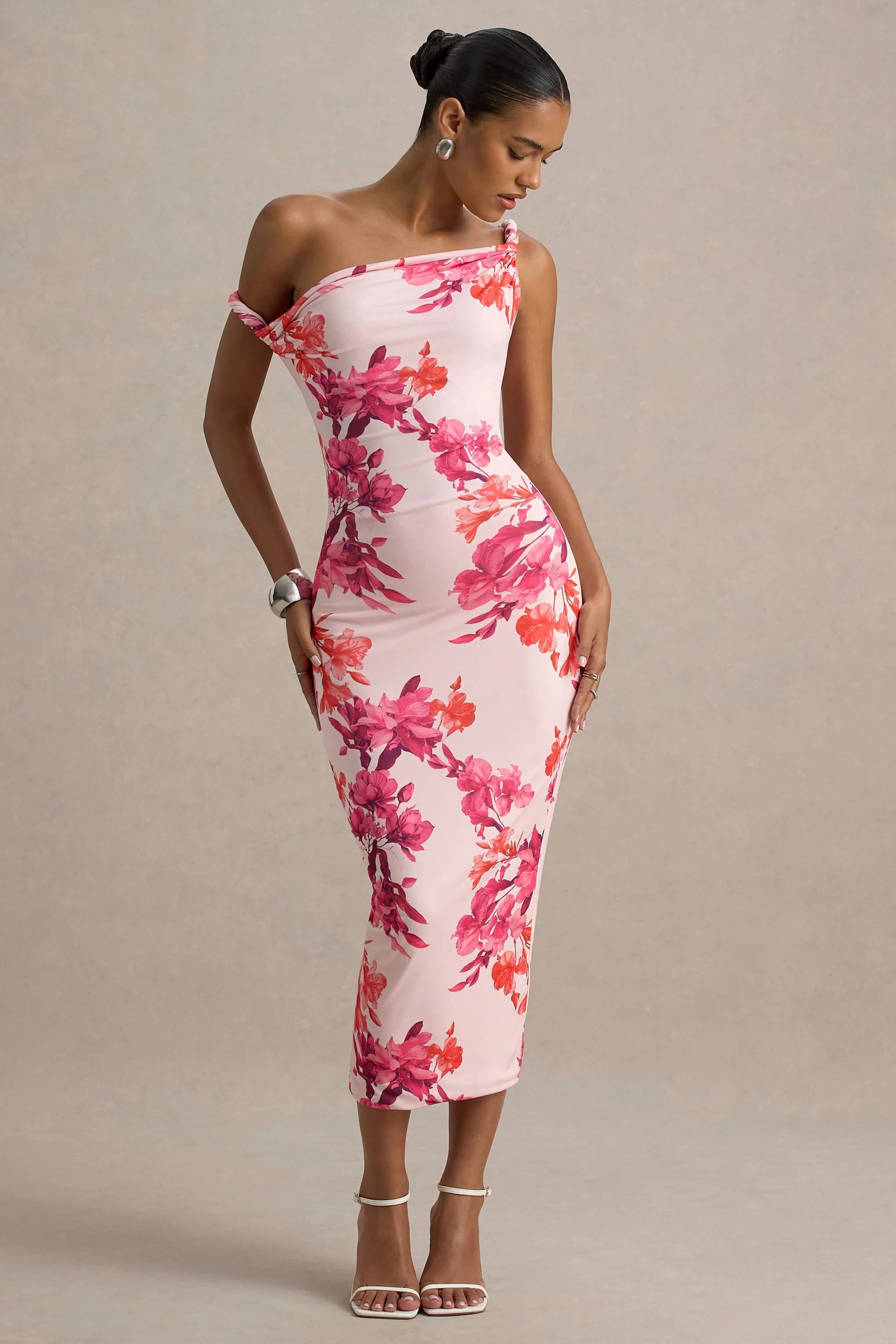 Tatian | Robe mi-longue asymétrique torsadée à imprimé floral rose et orange - Image 5