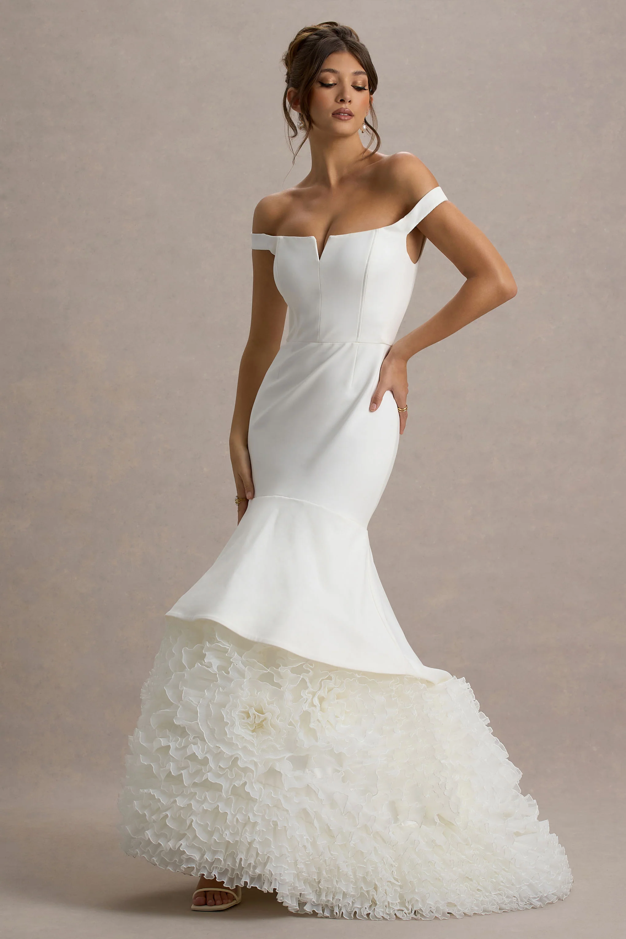 The Greatest | Robe longue Bardot Blanche et Crème avec Jupe en Tulle - Image 5