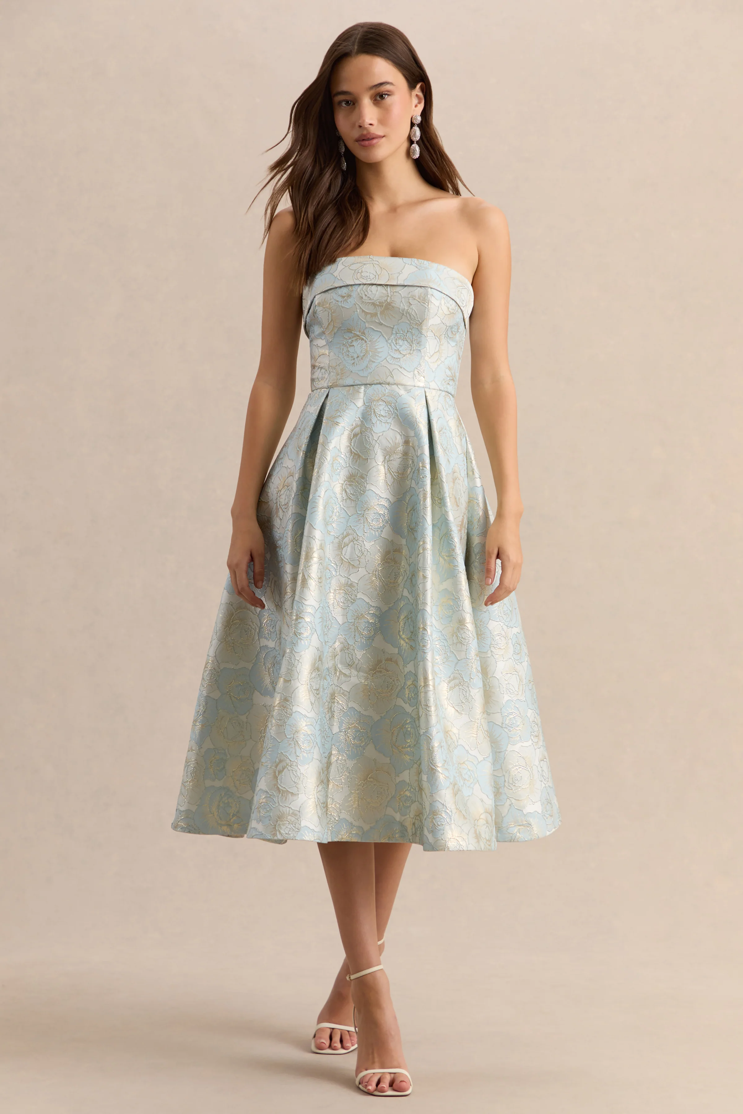 Tori | Robe mi-longue patineuse bandeau en jacquard bleu poudré - Image 4