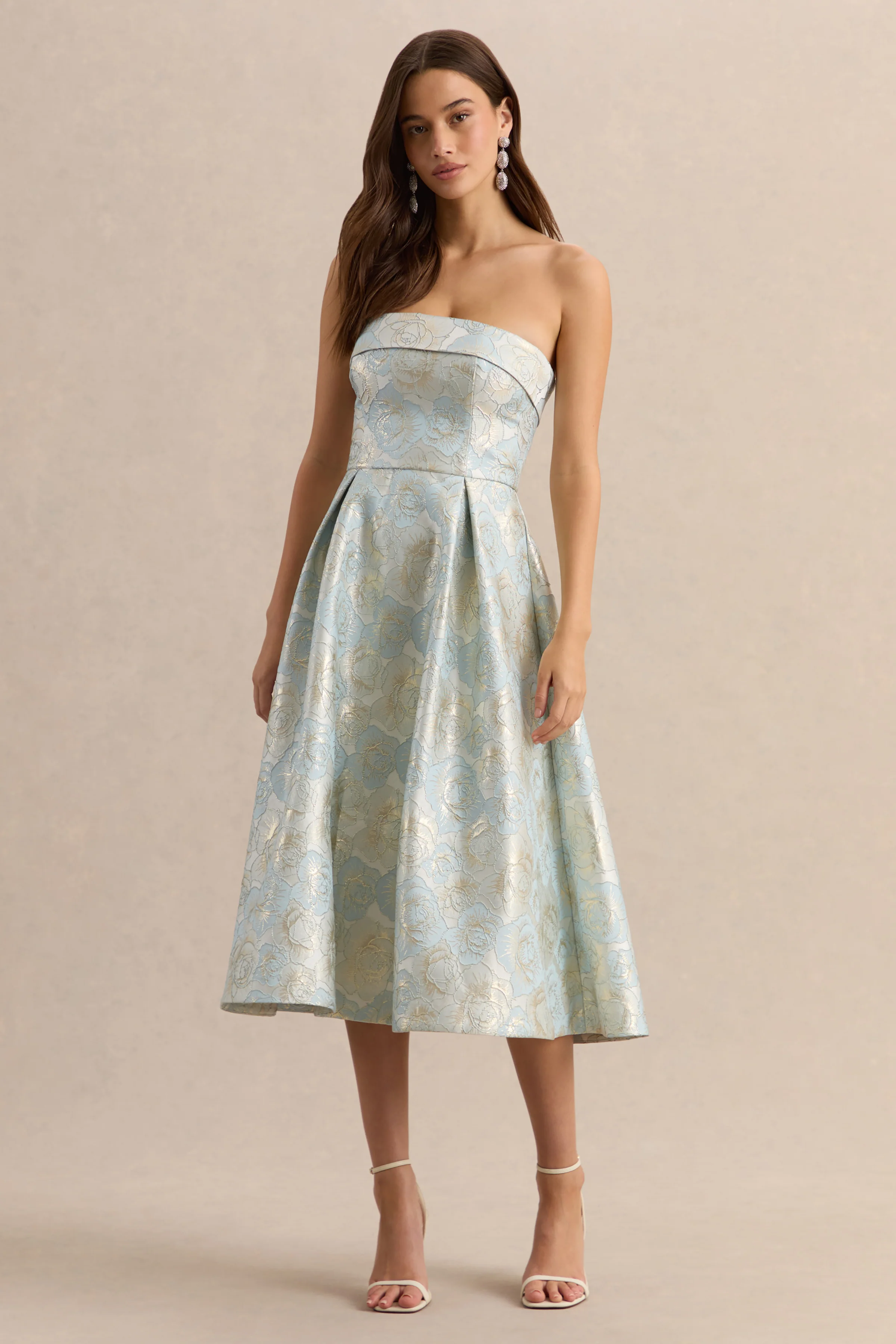 Tori | Robe mi-longue patineuse bandeau en jacquard bleu poudré - Image 5